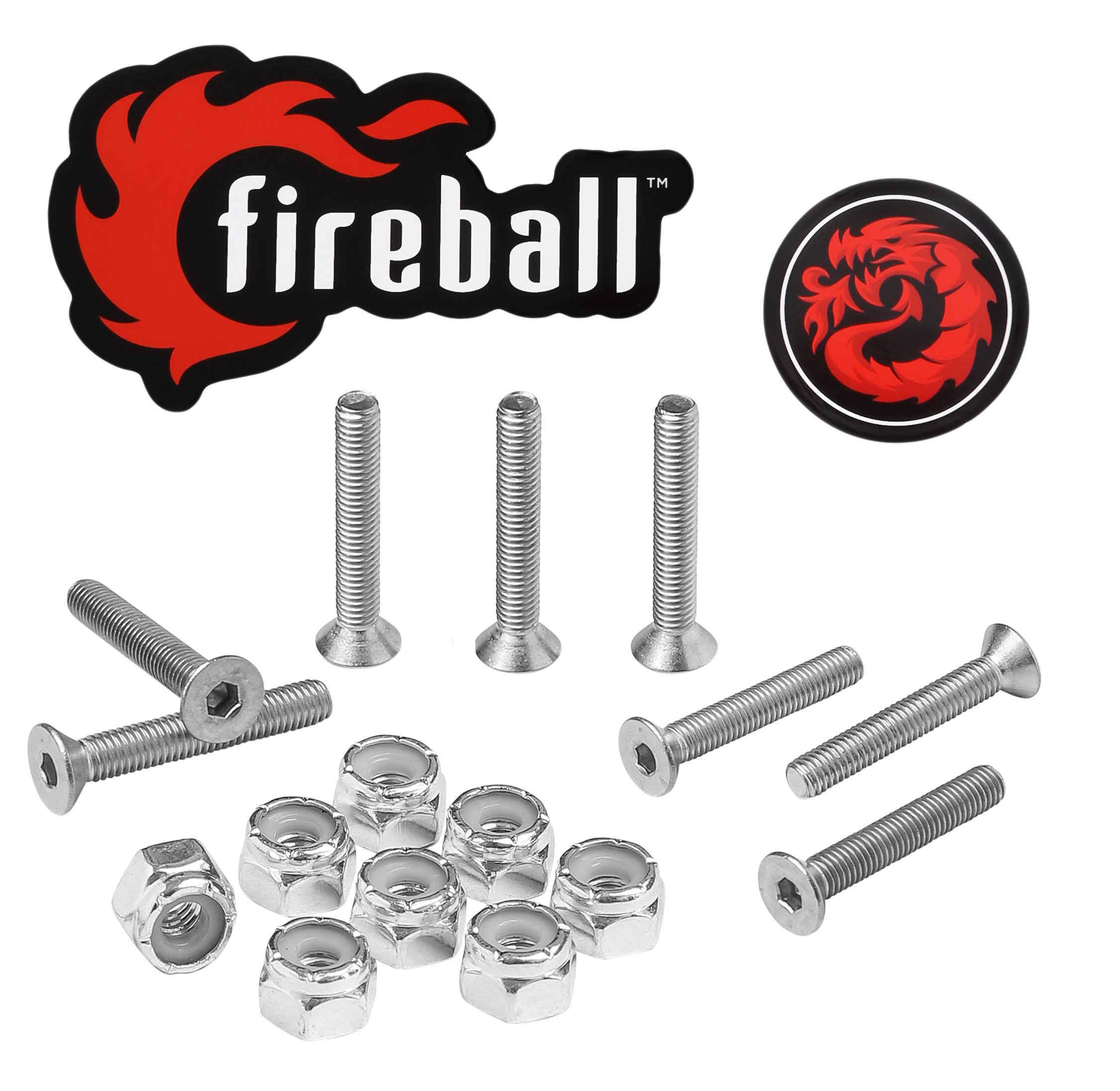 Fireball Dragon Skateboard Hardware Kit - 8 Ultra Strong Stainless Steel Mounting Screws & Nuts Set for Longboard, Cruiser & Skateboard - Durable Skateboard Truck Bolts for Smooth Riding & Tricks - Perfect for Street Skating, Park Rides & Commuting