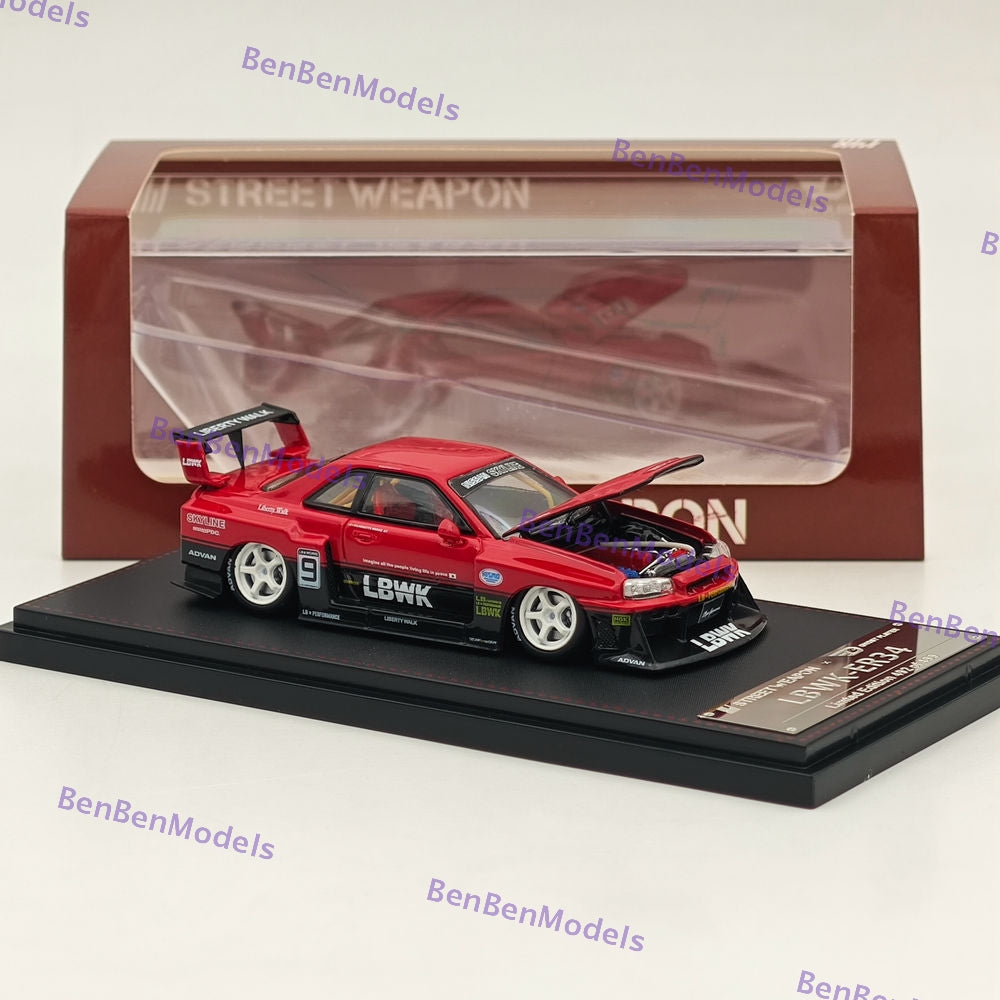 1:64 Scale LBWK GTR ER34 #9 Red Open Version Diecast Model Car - Collectible Street Weapon for Display & Racing Scenes