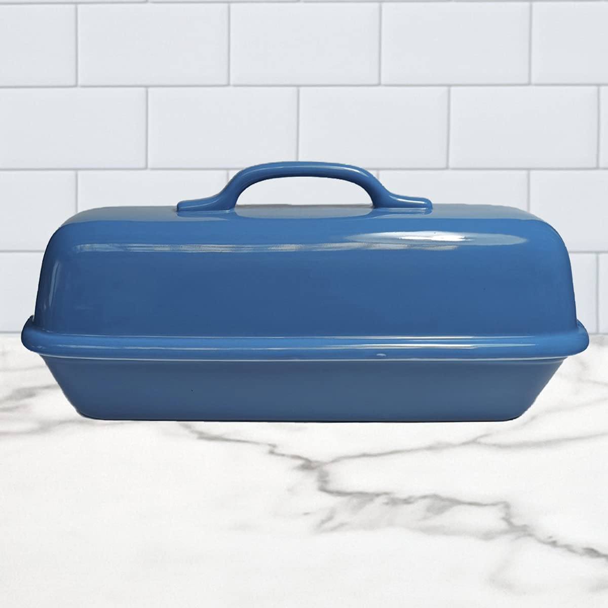 Sassafras Superstone® Covered Baker - Blue Glazed Exterior & Unglazed Interior for Perfect Artisan Italian Bread with Crusty Crust & Light Crumb | Ideal for Homemade Bread Baking, Rustic Loaves & Dutch Oven Style Cooking