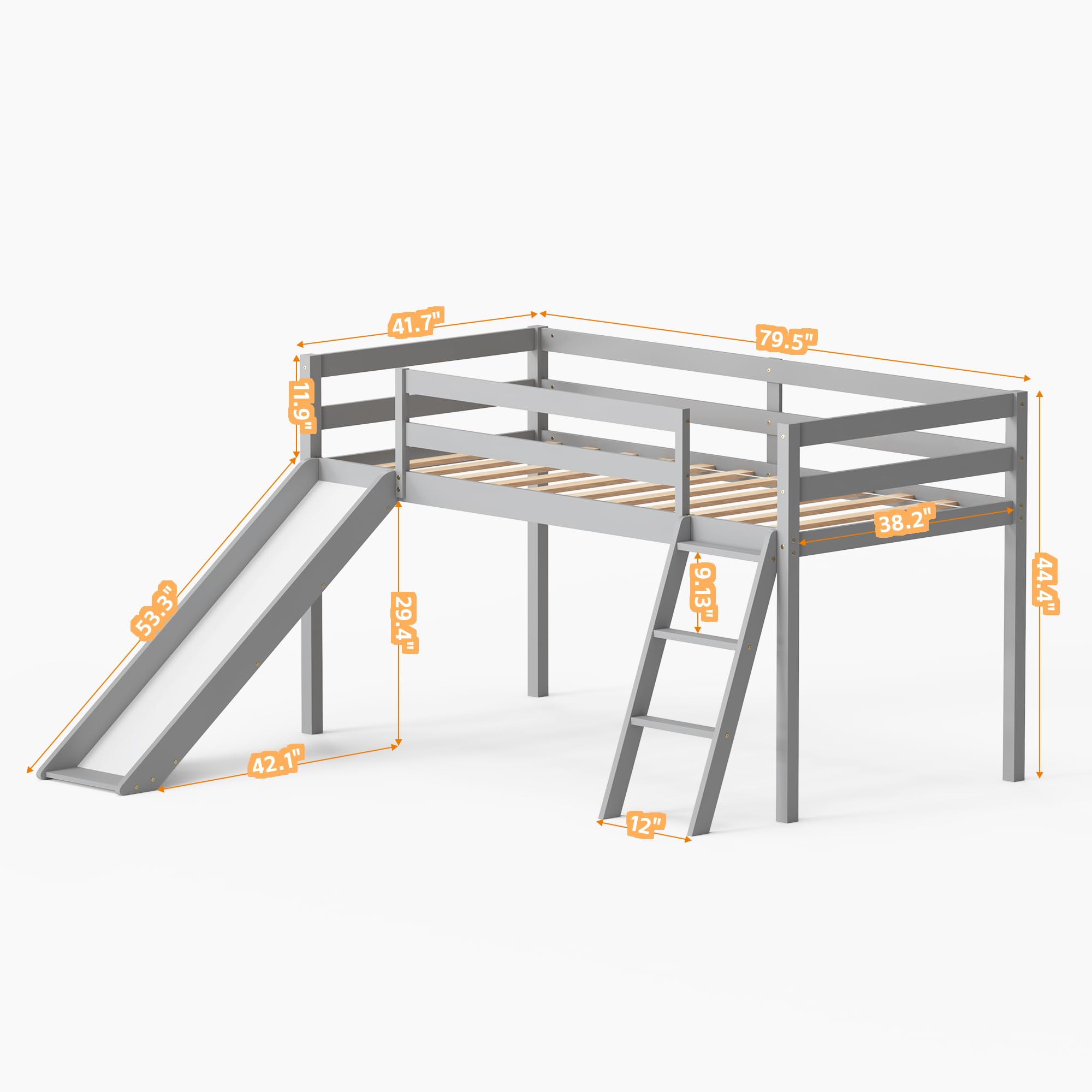 Low Loft Bed with Slide - Wood Twin Loft Bed Frame with Climbing Ladder & Storage Space for Kids & Toddlers (Grey) | Perfect for Small Bedrooms, Playrooms & Dorm Rooms | Space-Saving Kids Furniture with Fun Slide Feature