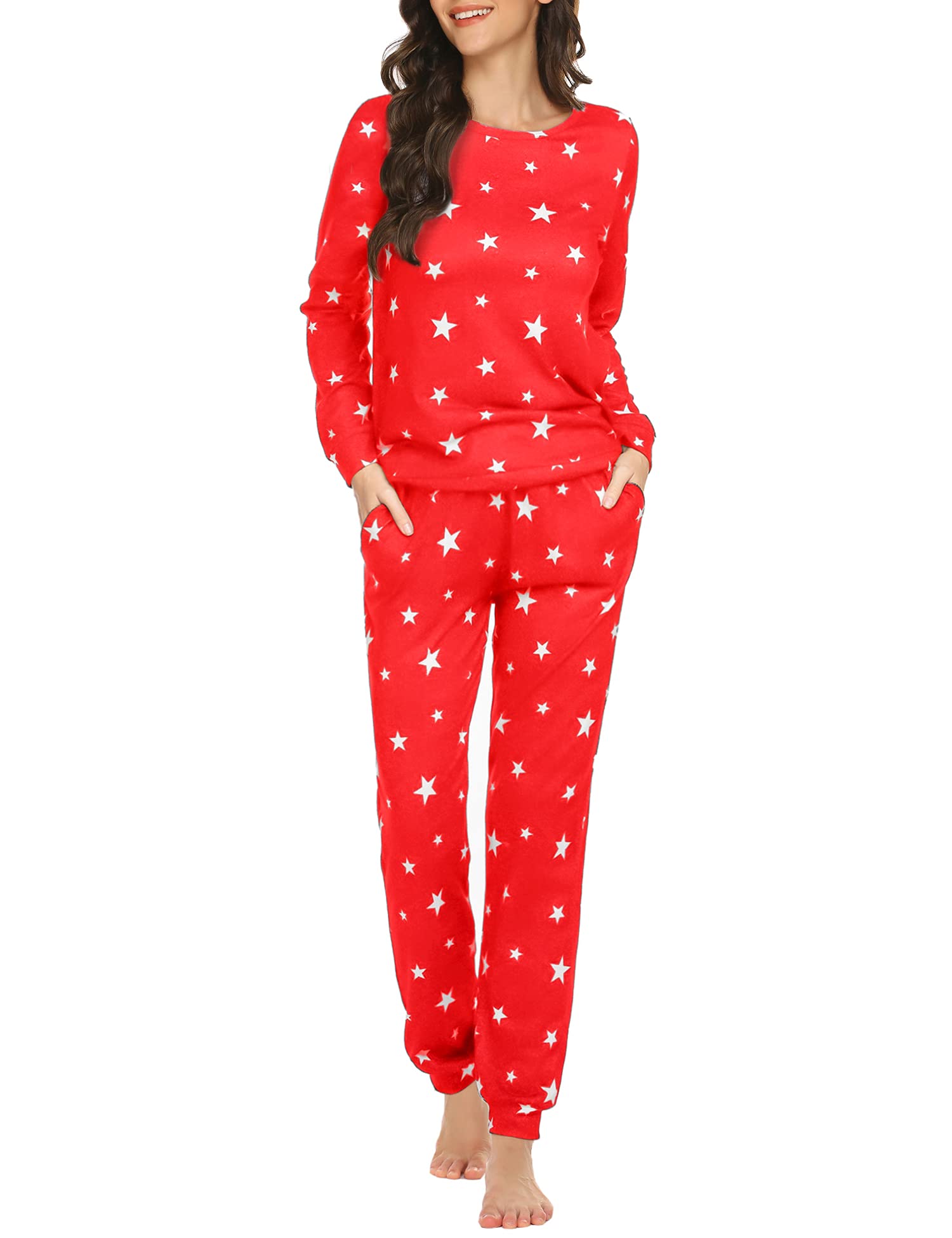 Ekouaer Women's Long Sleeve Pajama Set - Soft Star Print Sleepwear with Pockets, Cozy Nightwear & Lounge Outfit for Relaxing at Home or Sleepovers