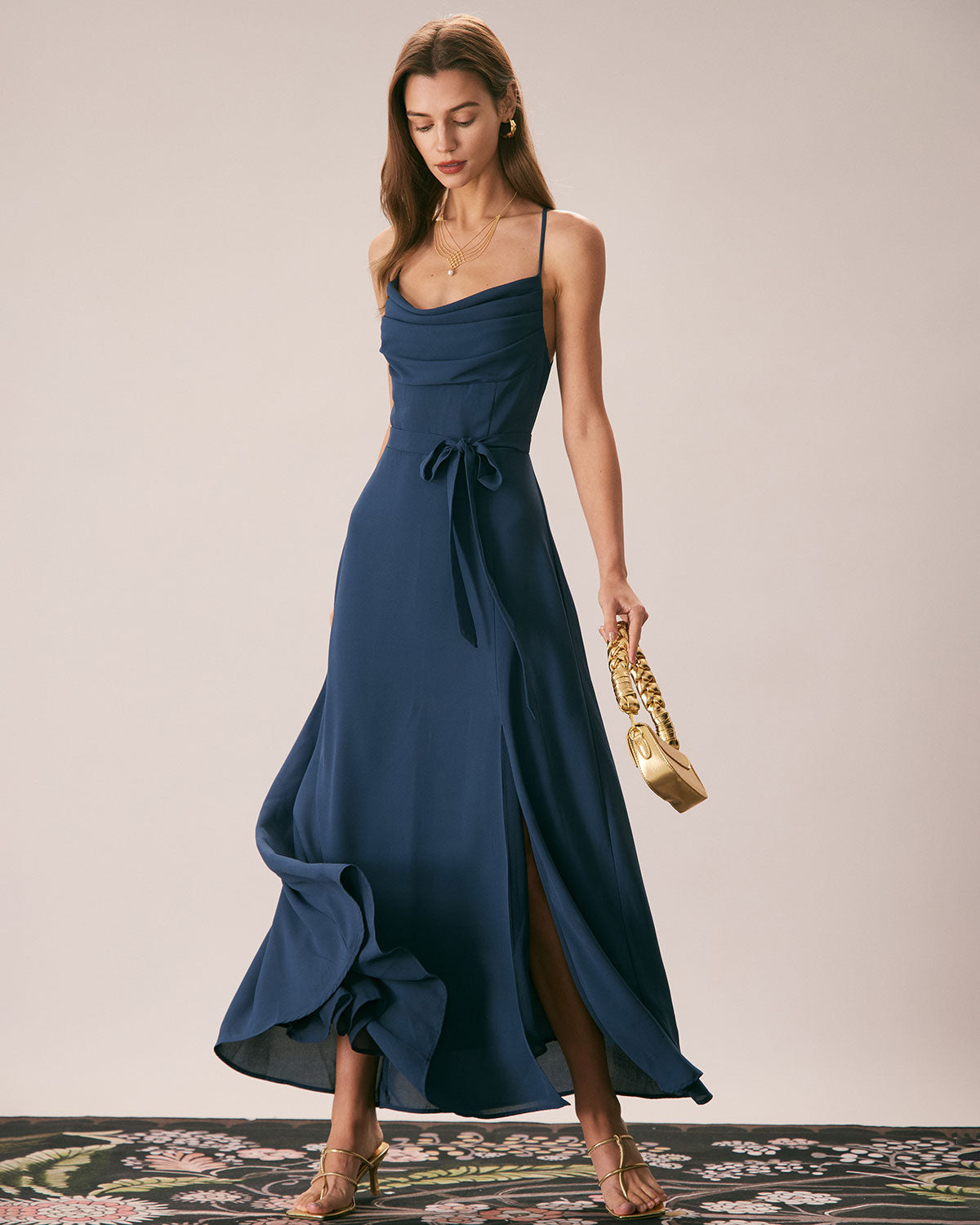 Elegant Navy Blue Cowl Neck Cutout Back Maxi Dress for Women - Perfect for Evening Parties, Weddings & Special Occasions