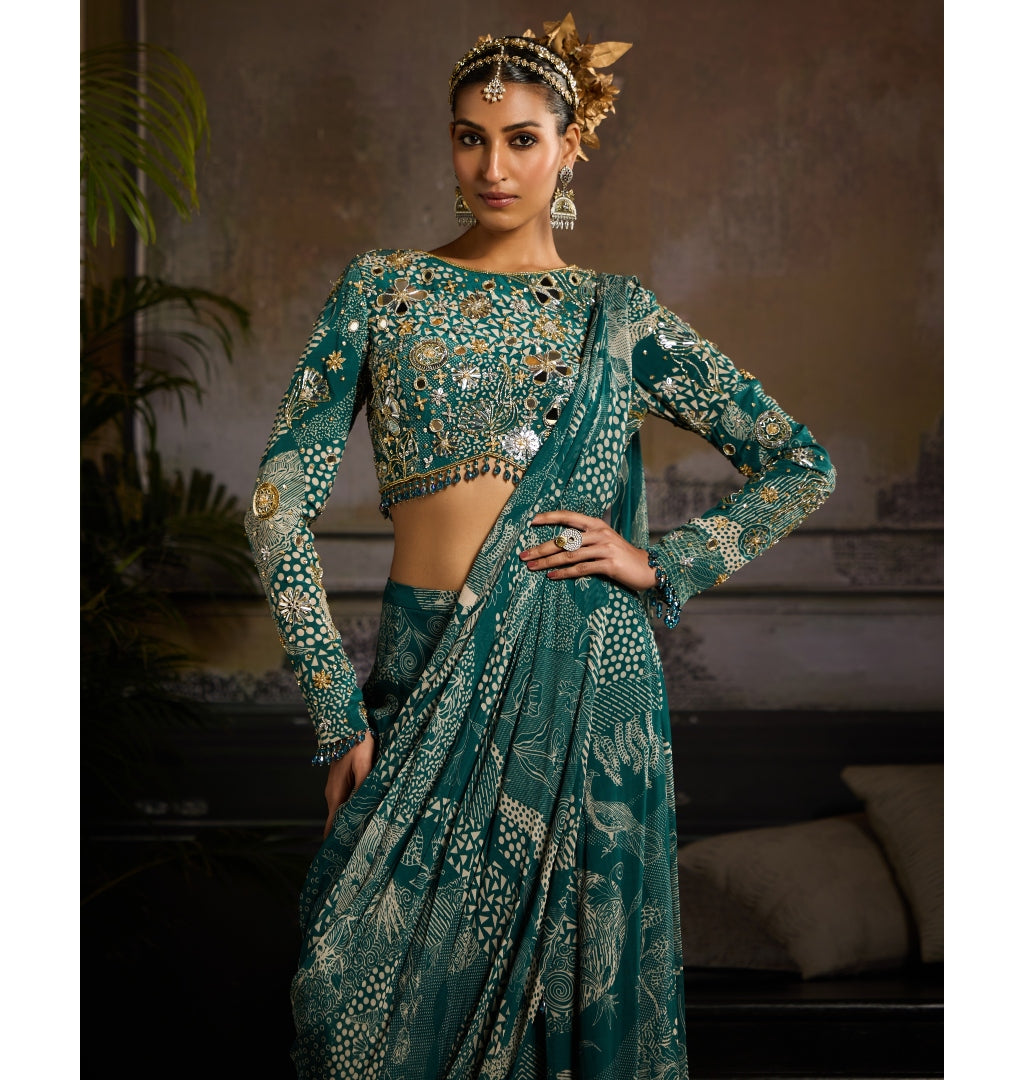 Stylish Aqua Essence Pant Sari Set for Women - Traditional Indian Ethnic Wear for Festivals, Weddings & Special Occasions