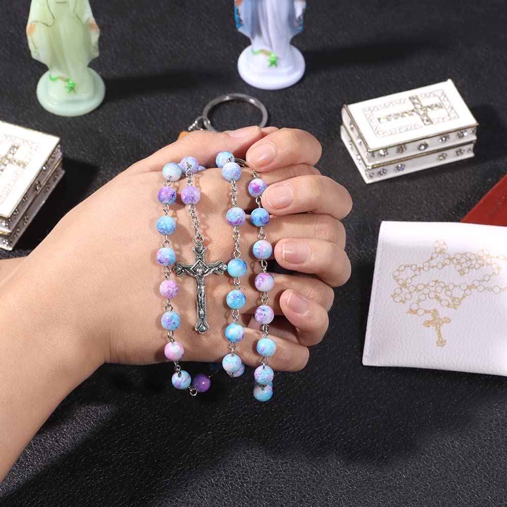 Blue Crystal Rosary Beads for Women - Catholic Prayer Necklace with Vintage Last Supper Jewelry Box - Anglican Christian Gift for Baptism, First Communion & Daily Devotion