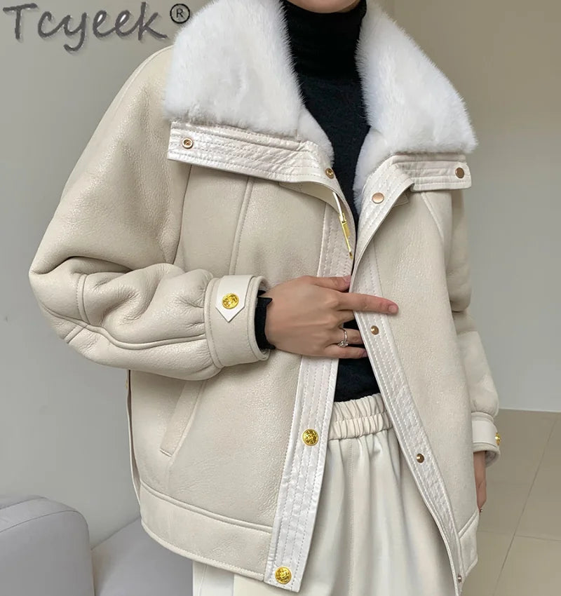 2023 Women's Natural Sheepskin Leather Jacket with 100% Real Mink Fur Lining - Winter Shearling Coat for Women (Style Gxy1207) | Warm & Stylish Outerwear for Cold Weather, Date Nights & Winter Travel