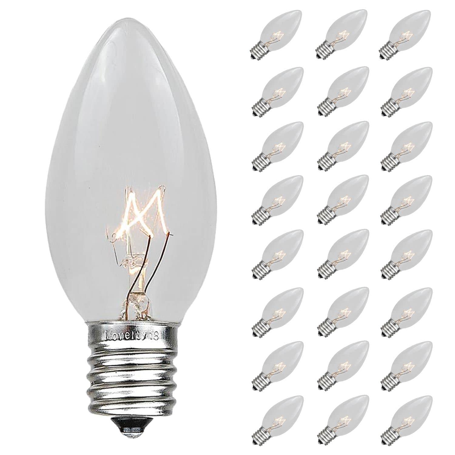 25 Pack C9/E17 Intermediate Base 7W Clear Christmas Replacement Bulbs - Indoor/Outdoor Decorative Lights for Christmas Trees, Holiday Displays, Parties & Home Decor - Durable Incandescent Novelty Bulbs (Perfect for Tree Toppers, Wreaths & Yard Decorations)