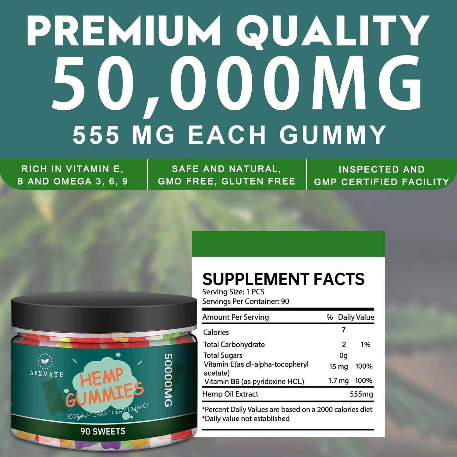 AFXMATE Hemp Gummies 50000mg - Natural Fruit Flavored CBD Gummy Bears (90 Count) for Stress Relief, Sleep Support & Relaxation | Vegan, Non-GMO, THC-Free Supplement for Daily Wellness