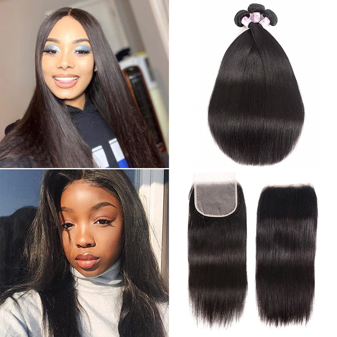 Beauty Forever 3 Bundles Straight Human Hair with 5x5 HD Lace Closure - Natural Color Brazilian Virgin Hair Extensions for Sew-In Weave & Styling