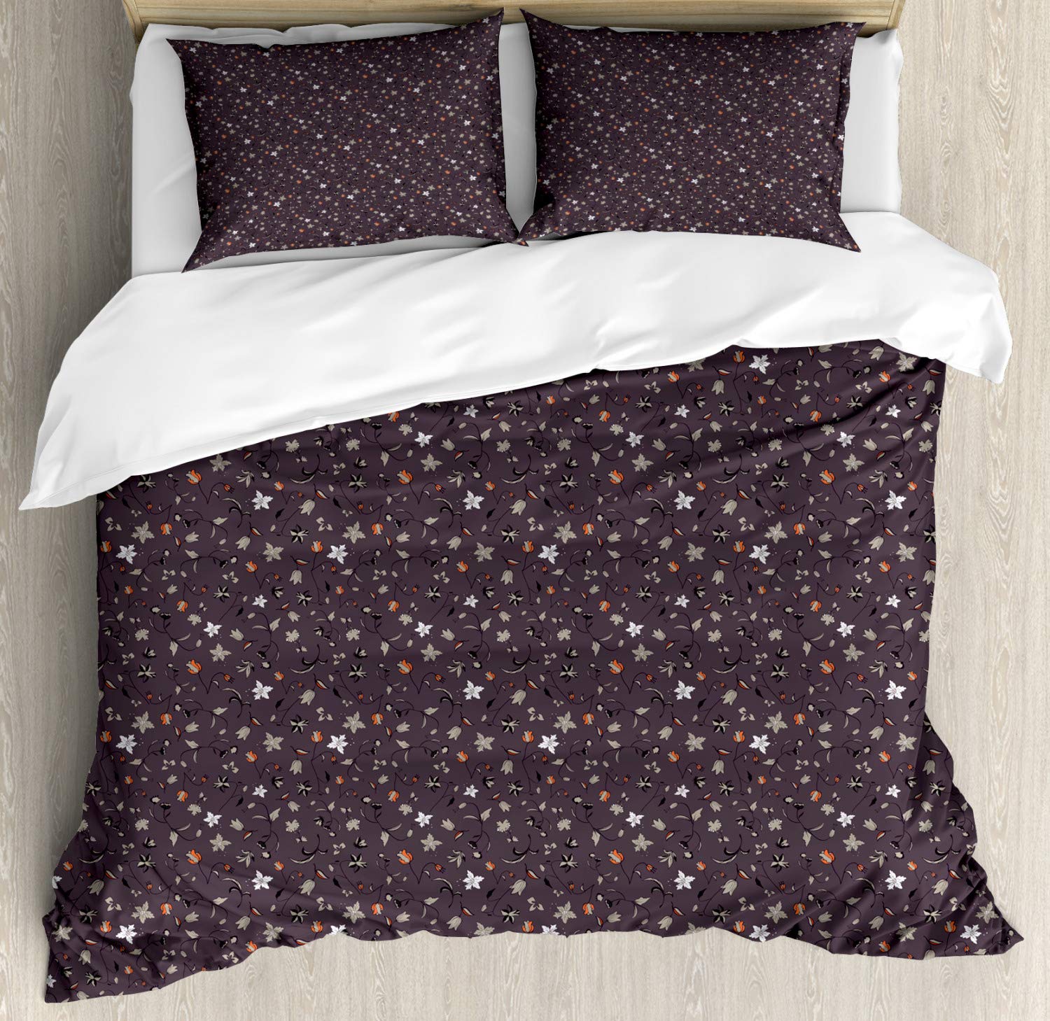 Ambesonne Floral Duvet Cover Set - Queen Size 3-Piece Bedding with Rhythmic Leaves & Flowers Pattern in Dark Pastel Tones | Includes Duvet Cover + 2 Pillow Shams | Dark Purple Grey & Eggshell Colors | Perfect for Master Bedroom, Guest Room & Bohemian Home Decor