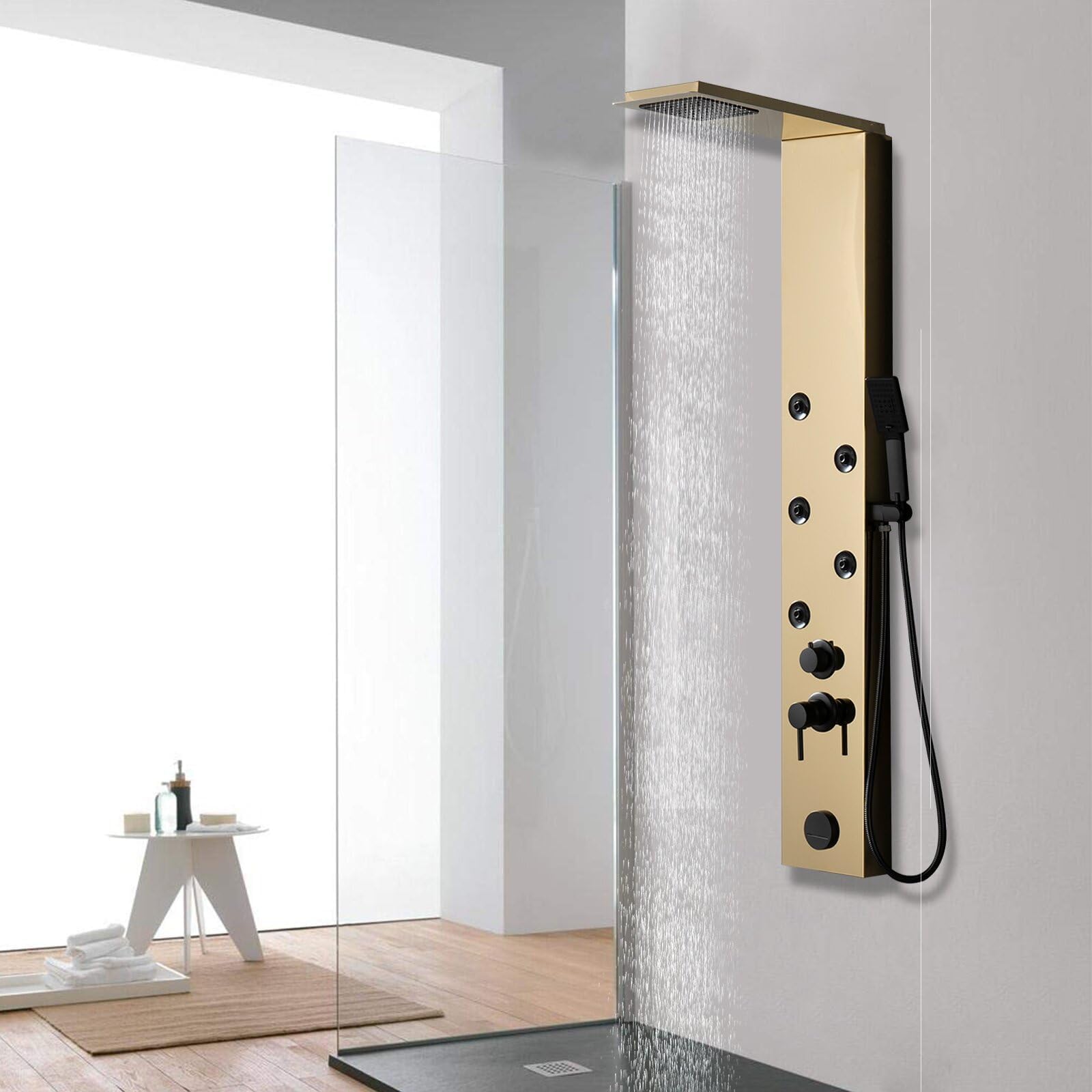 Stainless Steel Gold Shower Panel System - Multi-Function Shower Tower with Rainfall Head & Waterfall Tub Spout for Luxury Bathroom Upgrade | Perfect for Spa-Like Experience & Modern Bathroom Renovation
