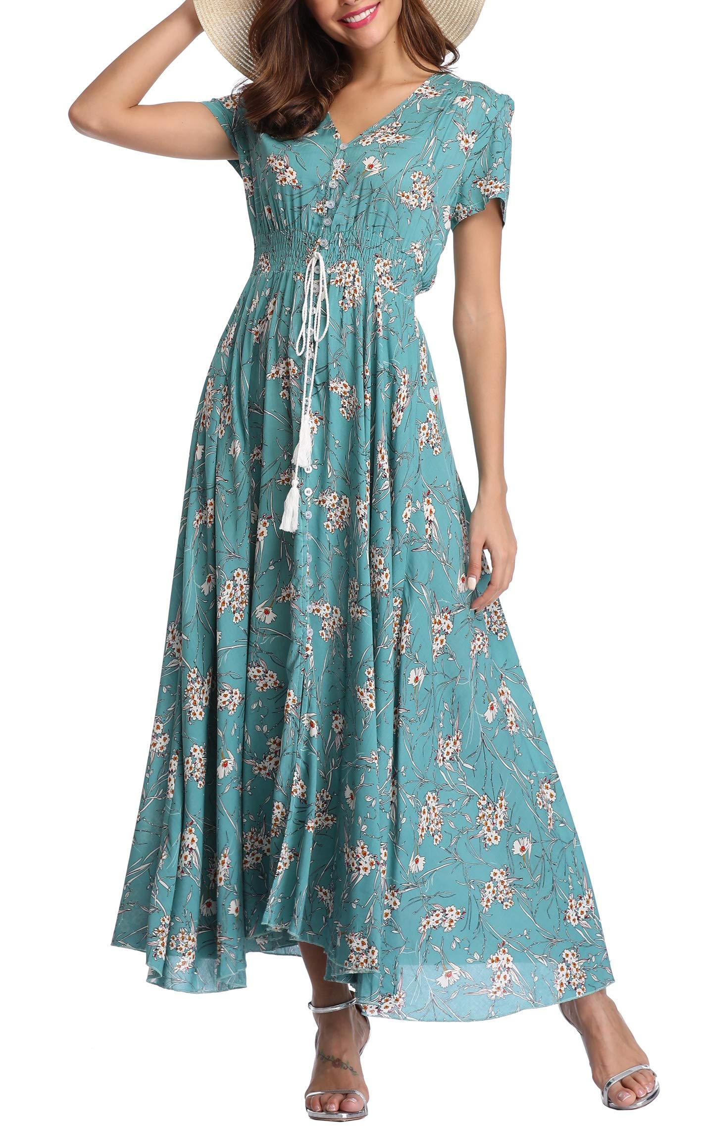 Women's Floral Maxi Dress - Casual Long Summer Boho Beach Dress with Short Sleeve & Button Up Split - Perfect for Beach Vacations, Music Festivals & Summer Parties