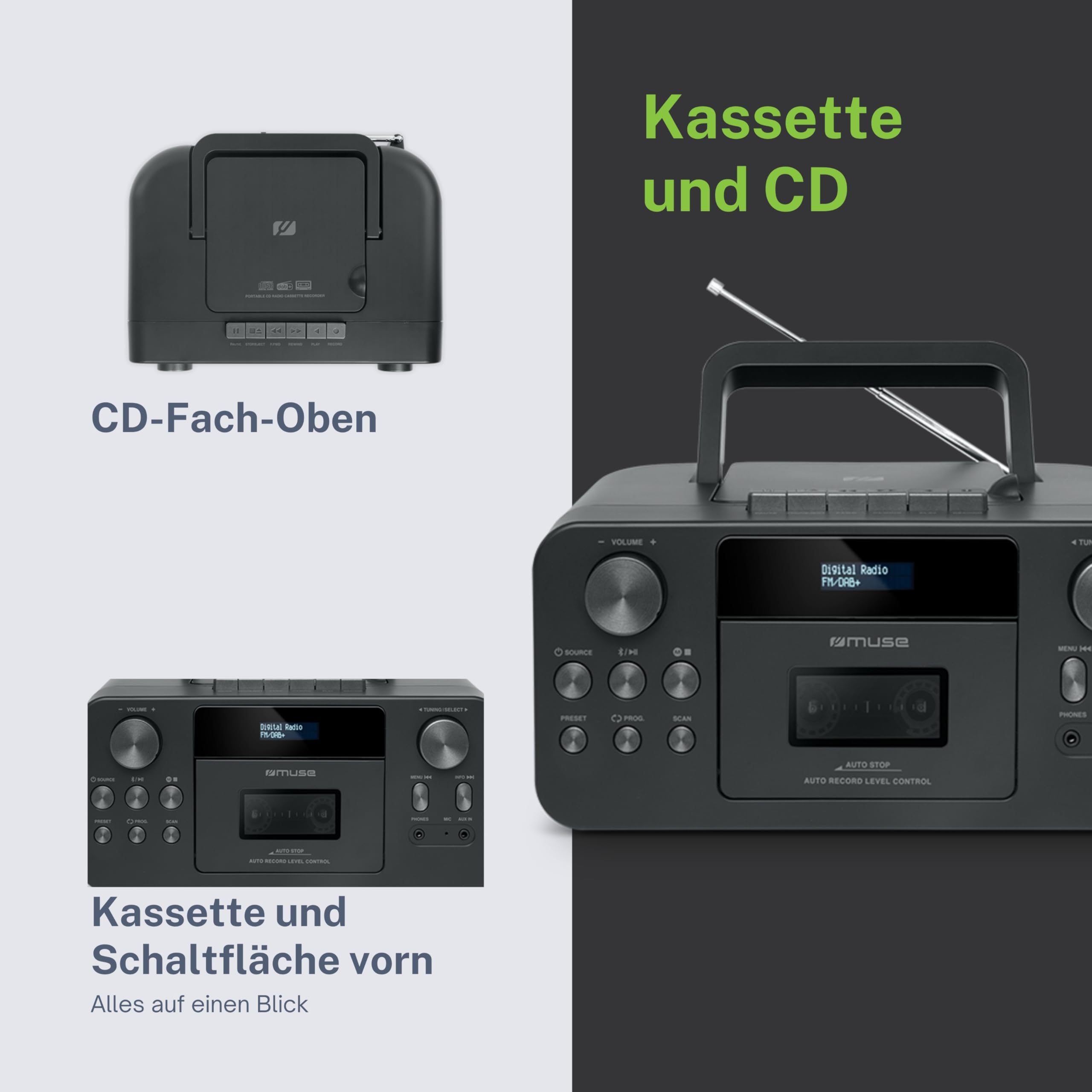 MUSE M-182 DB AM/FM Radio with Cassette Player and CD Player - Portable Stereo Boombox for Home, Office, and Outdoor Use