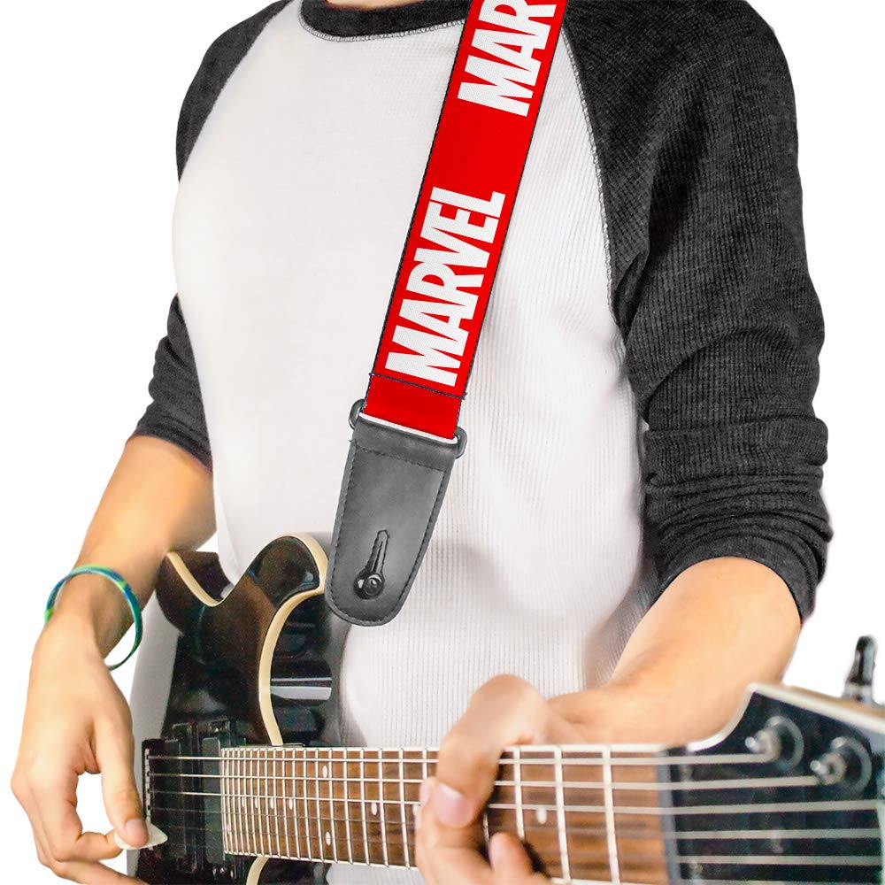 Buckle-Down Marvel Red Brick Logo Guitar Strap - 2 Inch Wide Adjustable 29-54 Inches - Red & White Design - Perfect for Electric & Acoustic Guitars, Live Performances & Music Practice