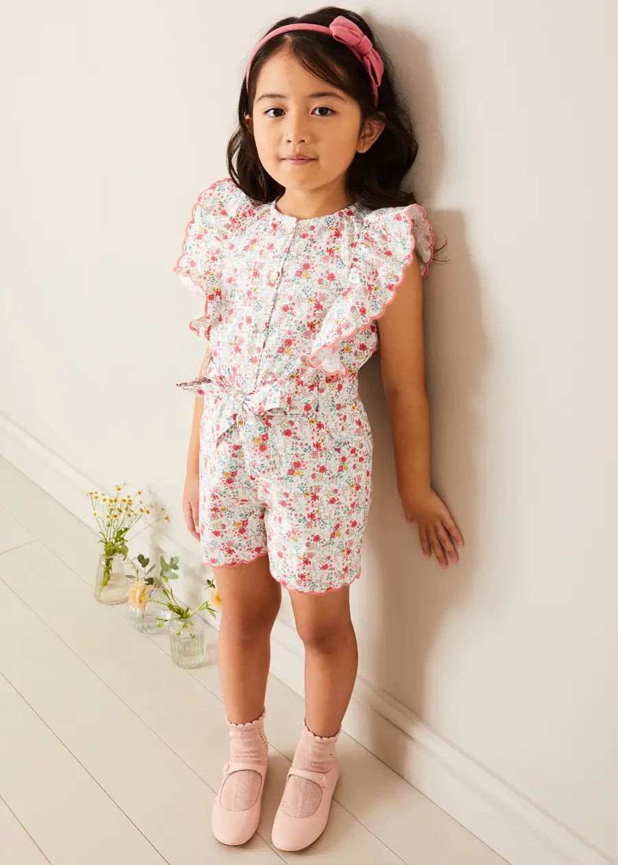 Louisa Floral Ruffle Detail Pink Playsuit for Girls 4-12 Years | Summer Romper Jumpsuit for Outdoor Play & Birthday Parties