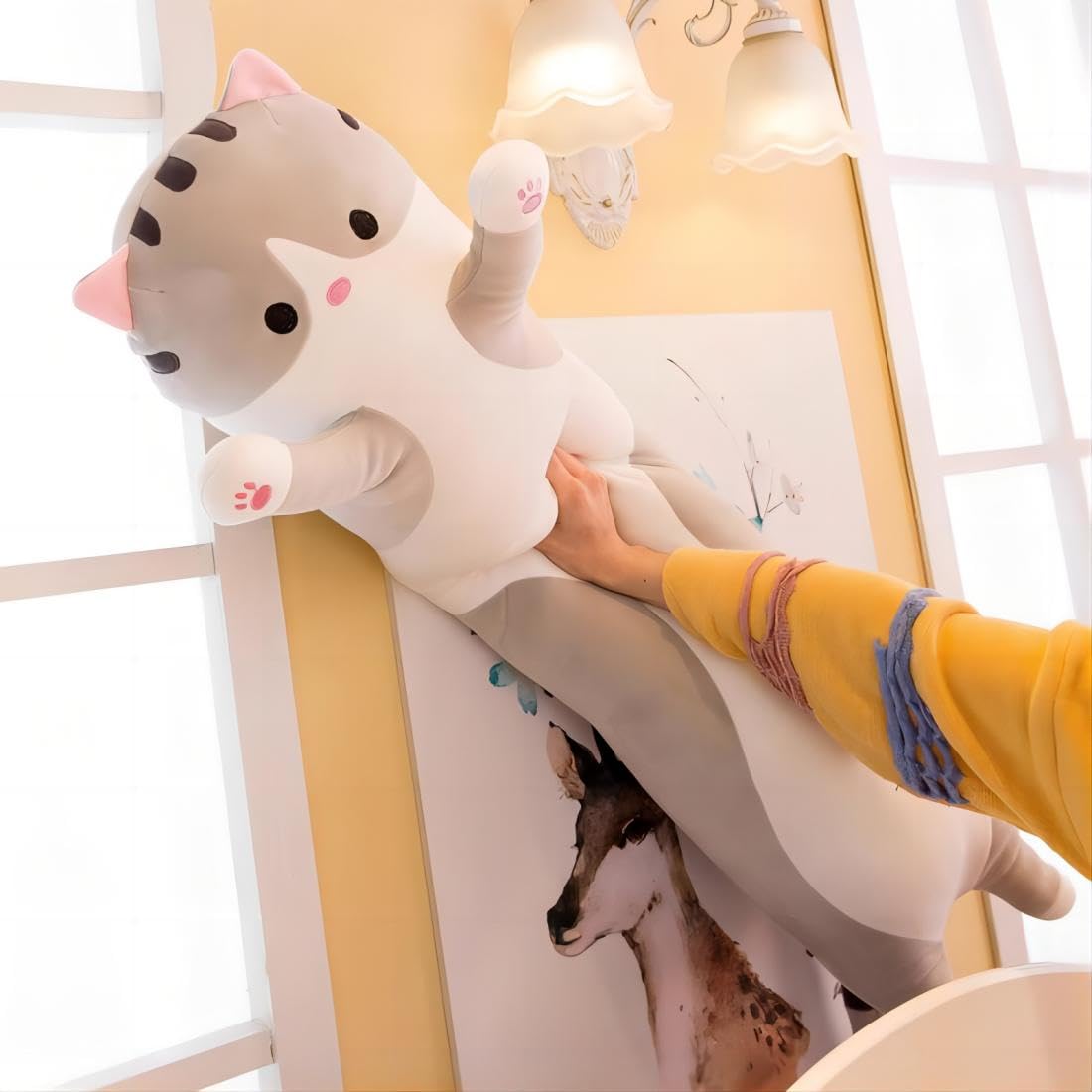 Soft Long Cat Plush Pillow - Grey Cotton Stuffed Animal Body Pillow (50CM) for Kids & Adults | Perfect for Sleeping, Cuddling, and Home Decor Gift for Girlfriend