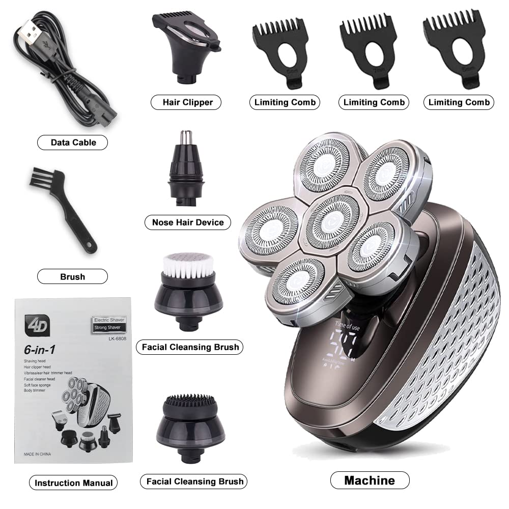 5-in-1 Electric Razor for Men - Rechargeable Waterproof Shaver with 6 Heads & LCD Display | Bald Shaver, Beard Trimmer & Body Groomer | Perfect for Travel, Gym & Daily Grooming Routine