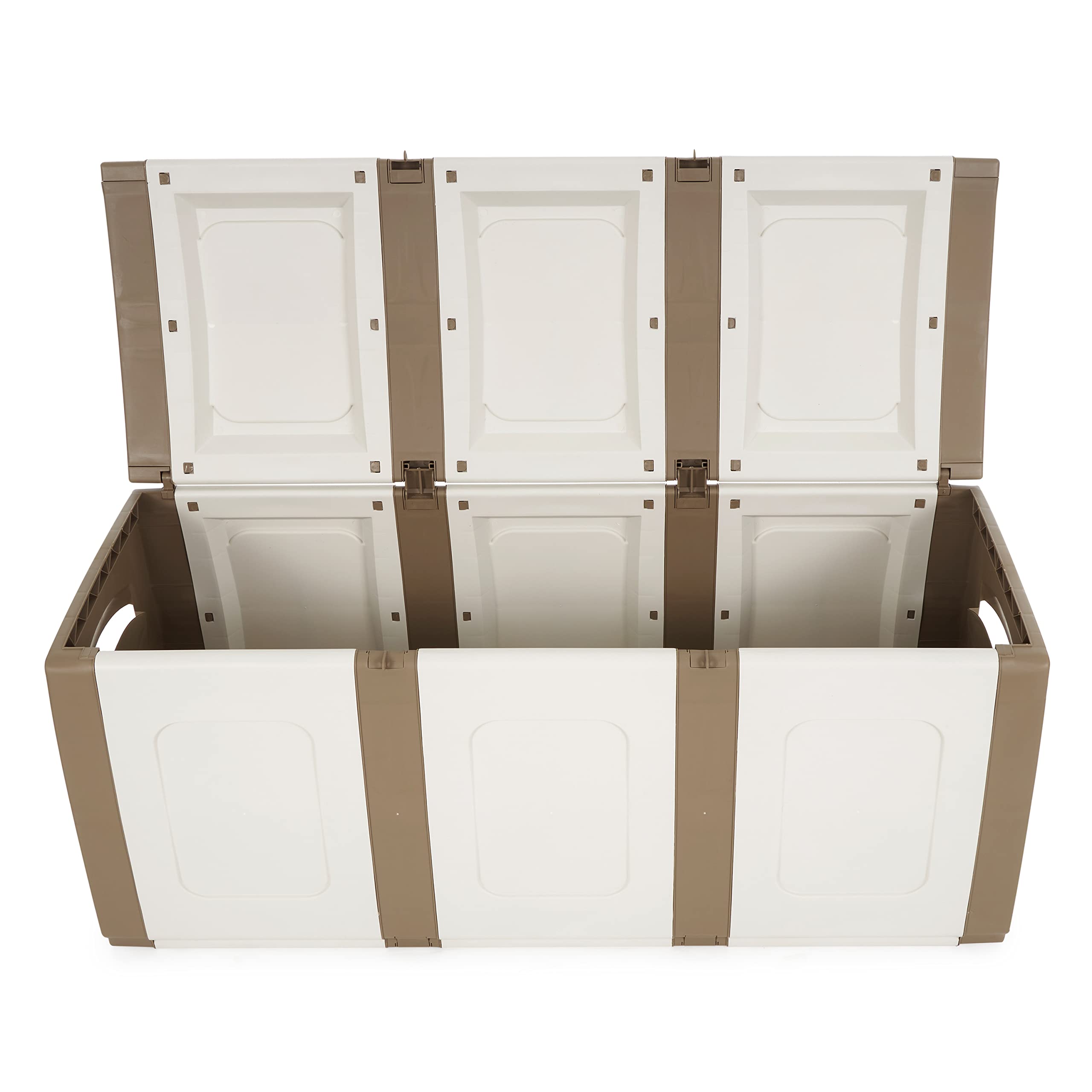 Homeplast 79 Gallon Bold Indoor/Outdoor Plastic Storage Trunk - Waterproof Resin Deck Box for Pillows, Patio Cushions, Firewood - Beige/White - Perfect for Garage, Basement, Backyard & Poolside Storage