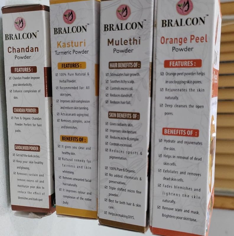 BRALCON Kasturi Haldi, Chandan, Orange, Mulethi Powder Combo - 400g (100g x 4 Pack) | Organic Kasturi Turmeric Powder, Sandalwood Powder, Orange Peel Powder, Licorice Root Powder for Face Mask, Skin Care & Hair Treatment - Perfect for DIY Beauty Remedies & Ayurvedic Home Spa
