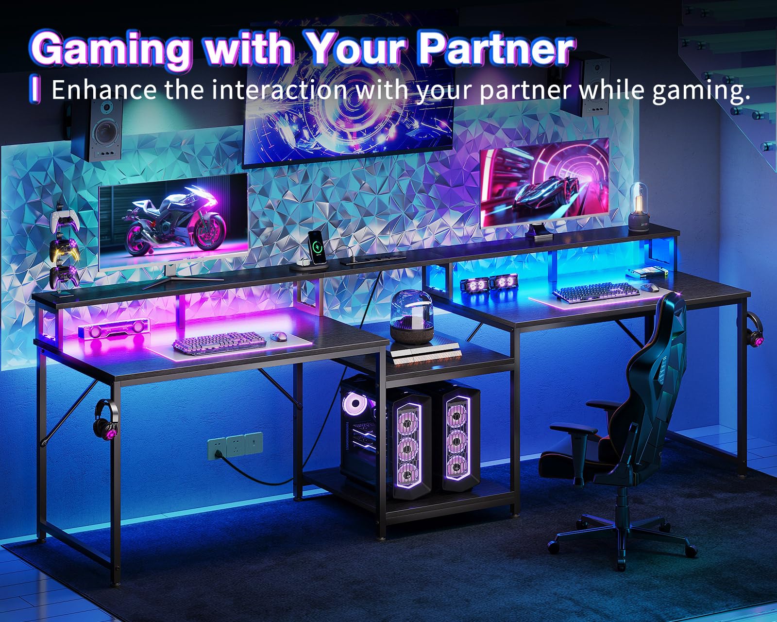 Coleshome 98 Inch 2-Person Gaming Desk with Storage Shelves - Large Double Home Office Computer Desk with USB Charging Port & LED Lights, Writing Desk with Monitor Stand - Modern Study/Work Table for Gamers & Professionals (Black) | Perfect for Gaming Setups, Home Office & Workspaces