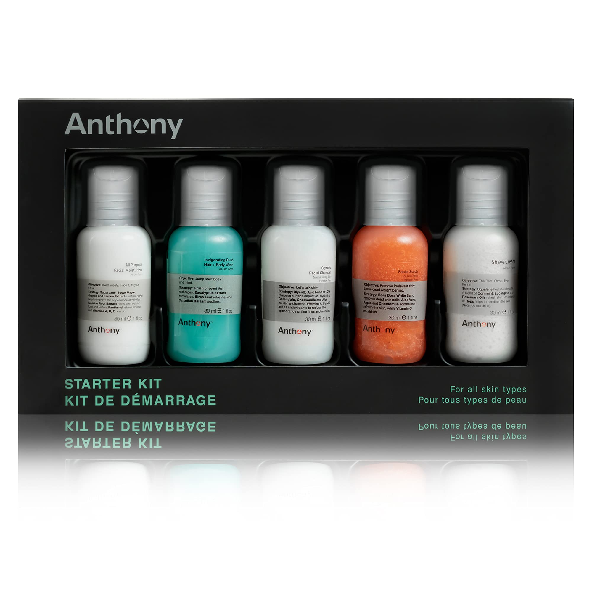 Anthony Starter Kit for Men - 5-Piece Skincare & Grooming Set with Glycolic Facial Cleanser, Exfoliating Scrub, Moisturizer, Hair & Body Wash, Shaving Cream | Daily Face & Body Care Routine for Clear Skin & Smooth Shave