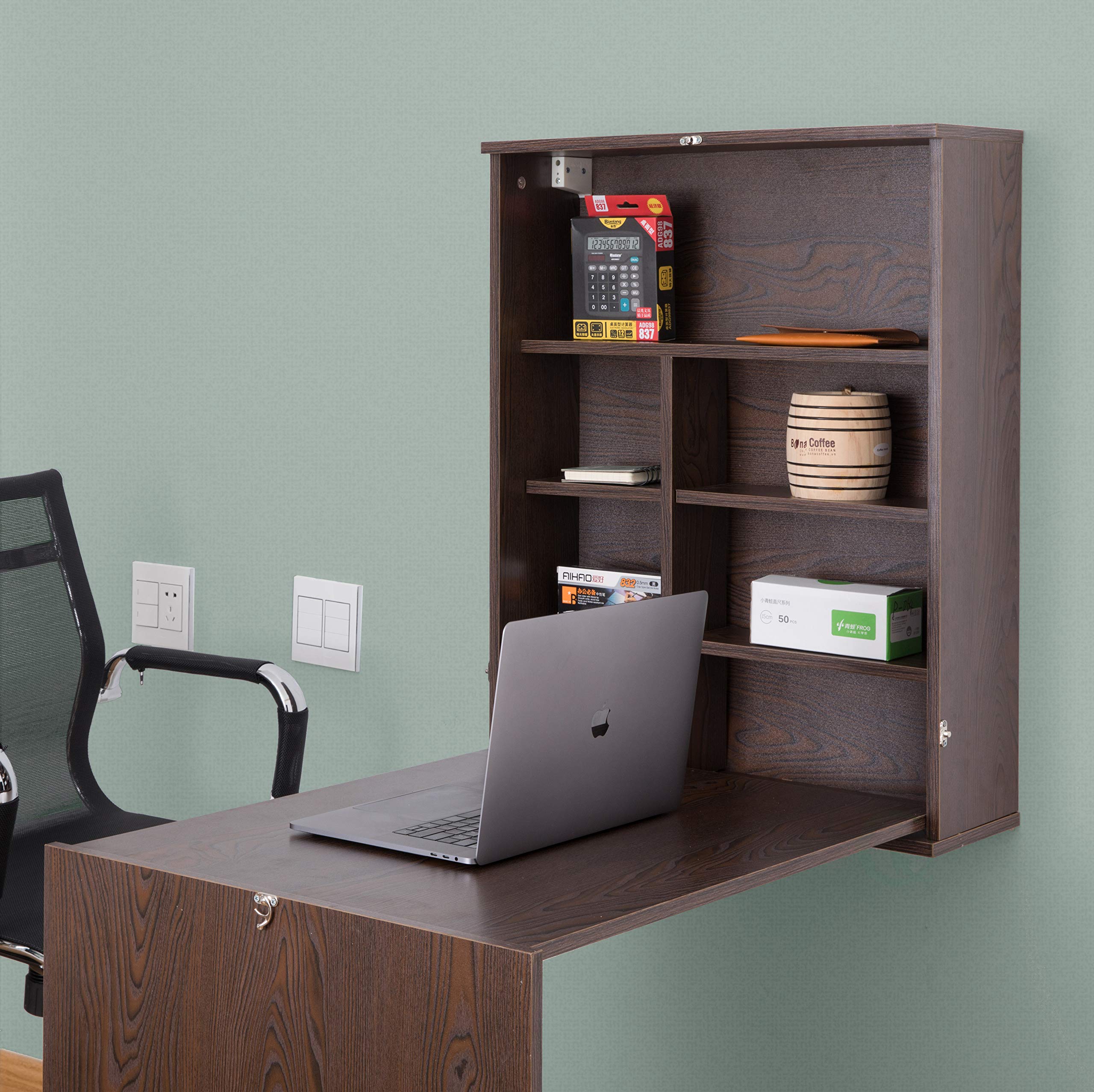 Basicwise Wall Mount Fold-Out Laptop Desk with Storage Shelves - Space Saving Home Office Furniture for Small Spaces, Brown - Perfect for Bedroom, Dorm, RV & Compact Living Areas