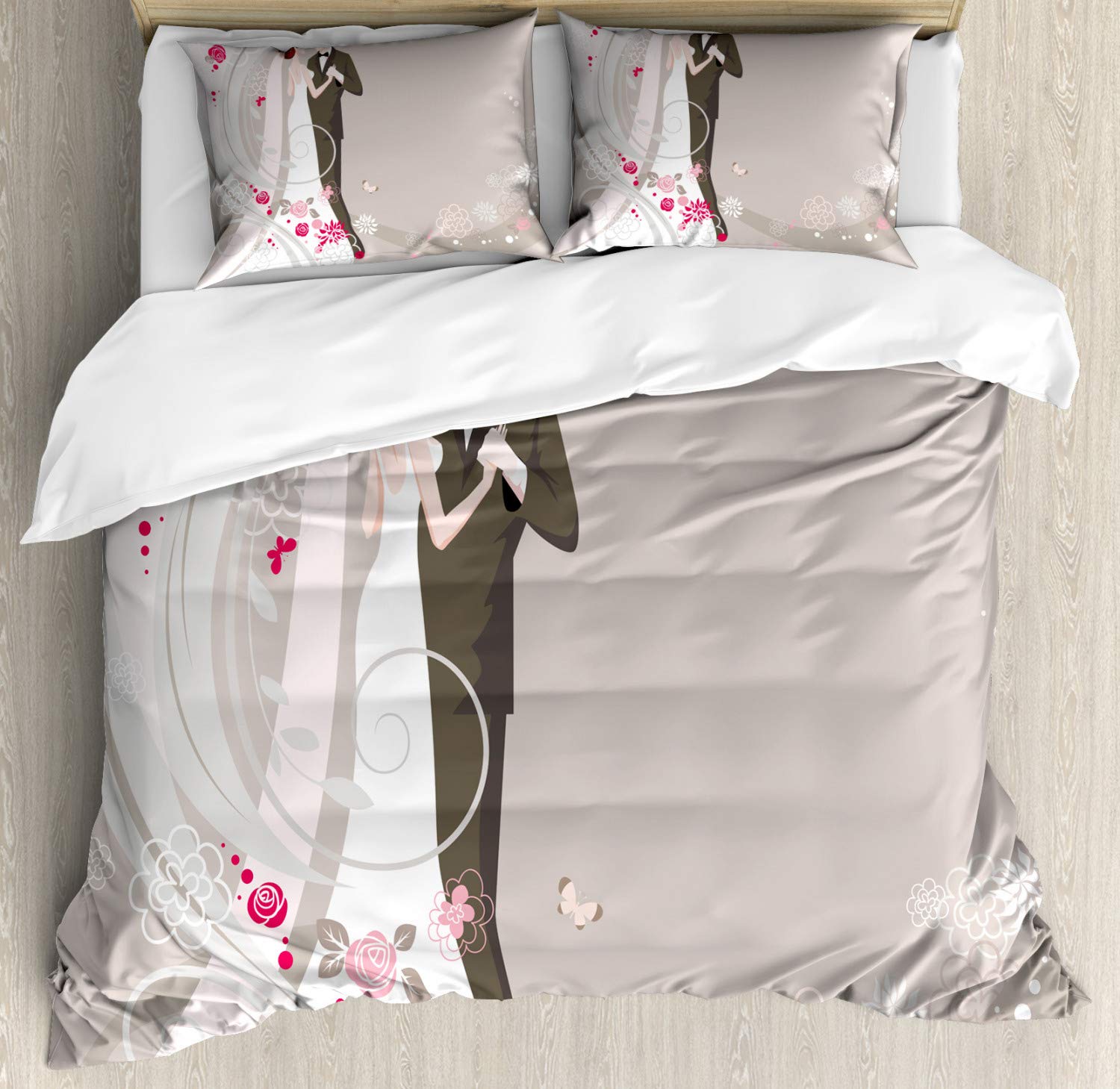 Ambesonne Wedding Duvet Cover Set - Abstract Floral Design for Bride & Groom, 3-Piece California King Bedding with 2 Pillow Shams in Grey Black Pink | Perfect for Wedding Night, Anniversary Gifts & Romantic Bedroom Decor