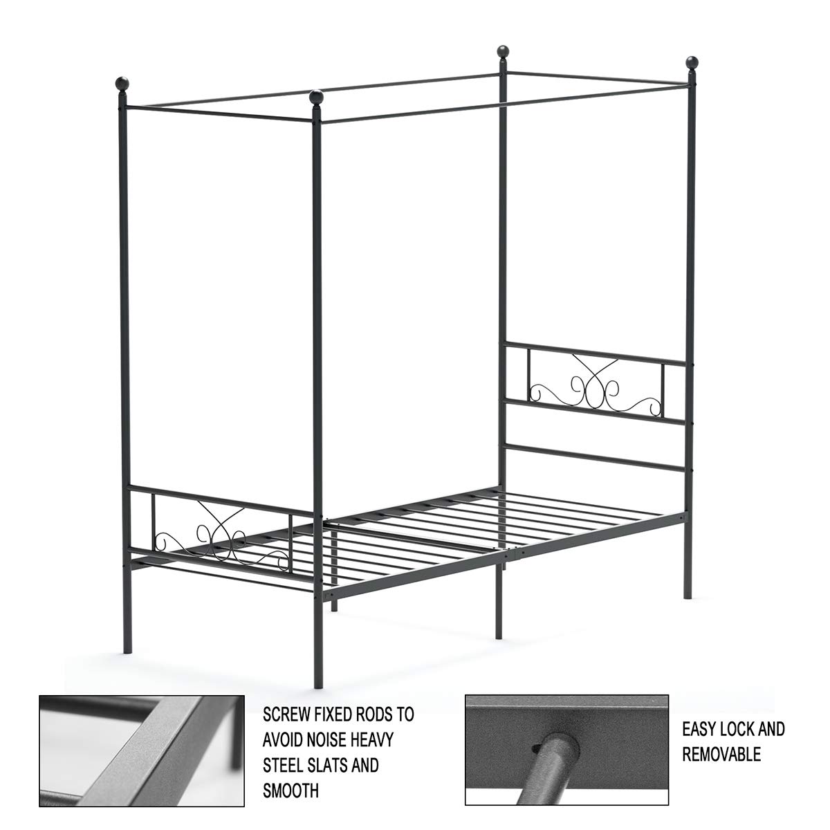 Weehom Twin Canopy Bed Frame with Headboard and Footboard - 4 Poster Metal Bed Frame for Kids & Adults - No Box Spring Needed - Sturdy Mattress Foundation Platform Bed in Black - Perfect for Bedrooms, Guest Rooms & Dorm Rooms