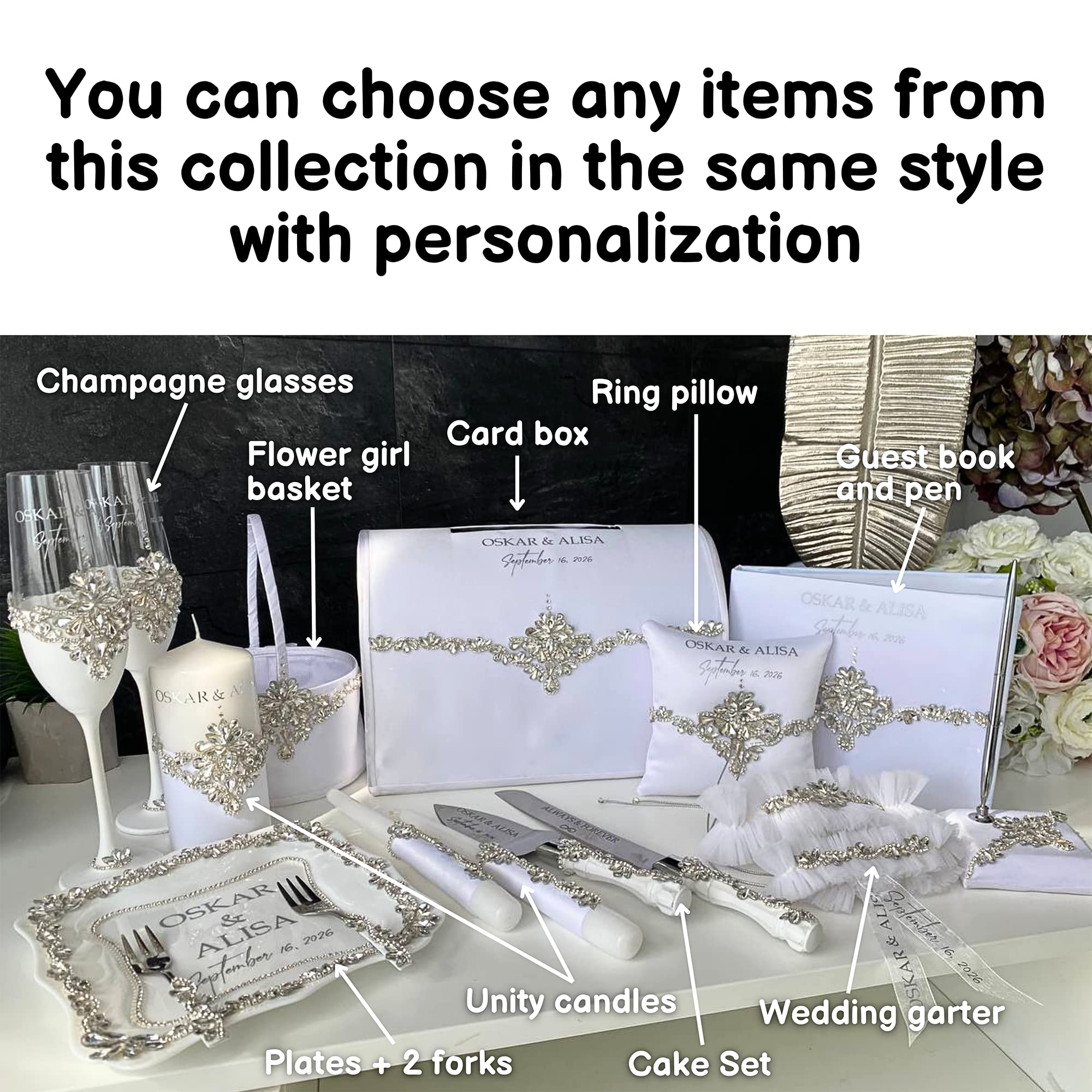 Personalized Wedding Glasses Set of 2 - Champagne Flutes & Cake Cutting Set for Bride and Groom - Elegant White Wedding Serving Set - Perfect for Wedding Toast, Anniversary & Romantic Celebrations