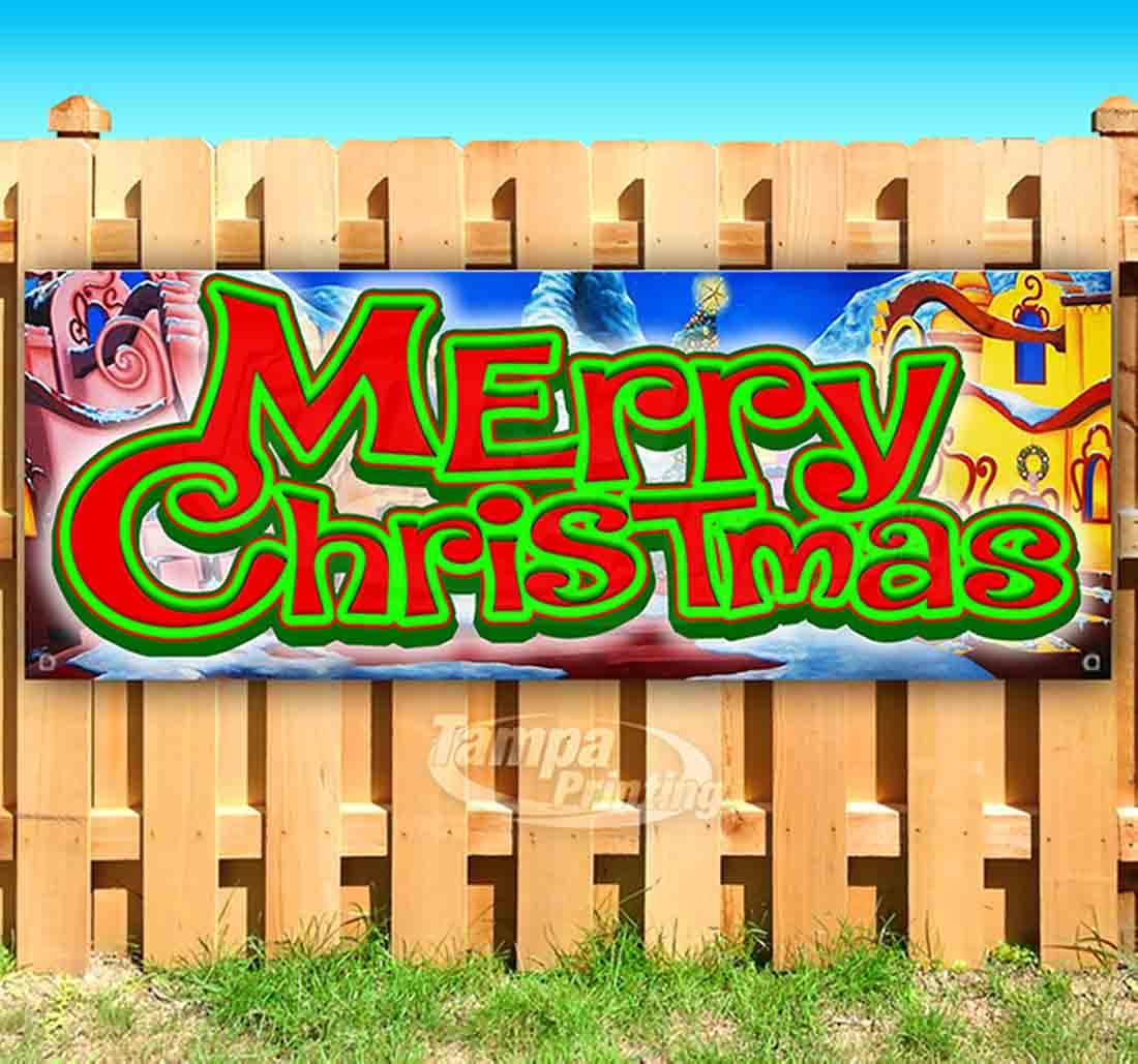 Merry Christmas Banner - 13 oz Heavy-Duty Vinyl Holiday Decoration with Metal Grommets | Single-Sided Non-Fabric Sign for Indoor & Outdoor Christmas Decor