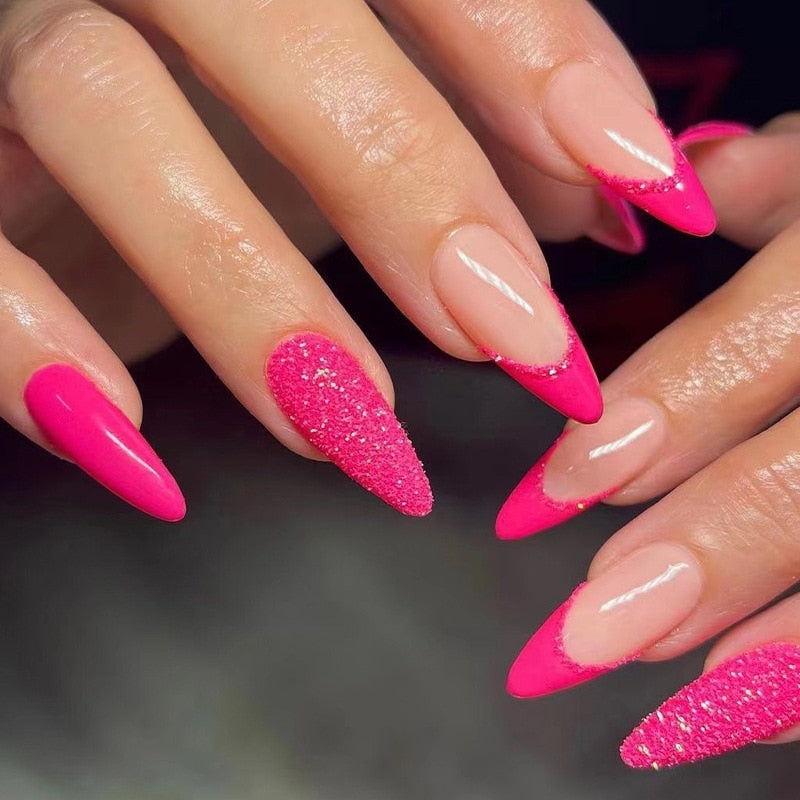 24Pcs Pink Gradient Glitter Butterfly Rhinestones Fake Nails - Full Cover Acrylic Press on Nails with Detachable Glue for Women | Perfect for Parties, Weddings & Special Occasions