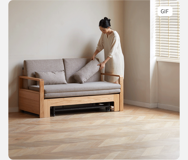 Solid Oak Wood Sofa Bed - Modern Multifunctional Convertible Sleeper for Small Spaces | Living Room, Guest Room & Studio Apartment Furniture