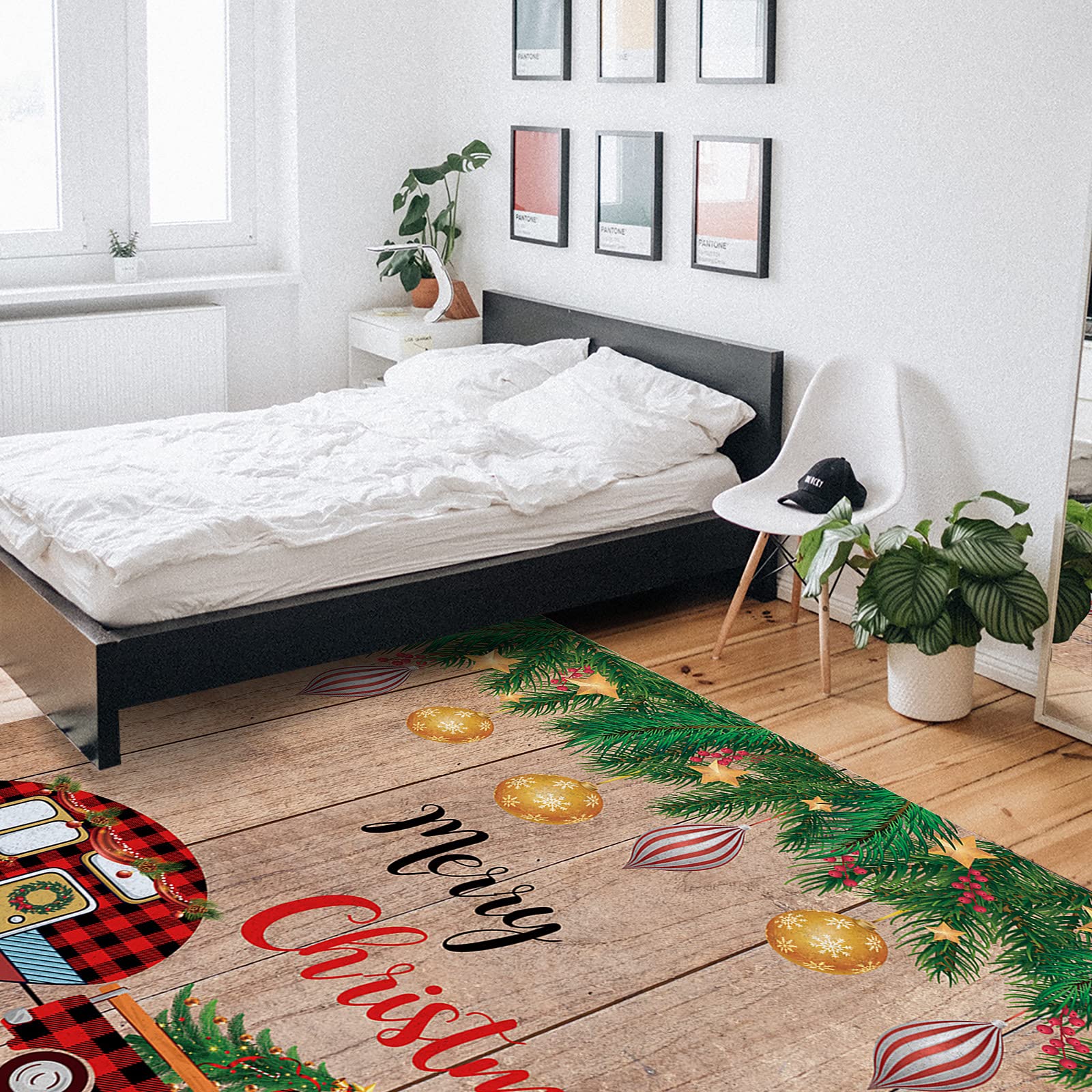 Savannan Rectangle Indoor Area Rugs - Christmas Camper Truck with Pine Tree Design, Rustic Wooden Non-Slip Accent Rug 5'x8' for Living Room, Bedroom, Office, Nursery - Perfect for Holiday Decor & Cozy Home Atmosphere