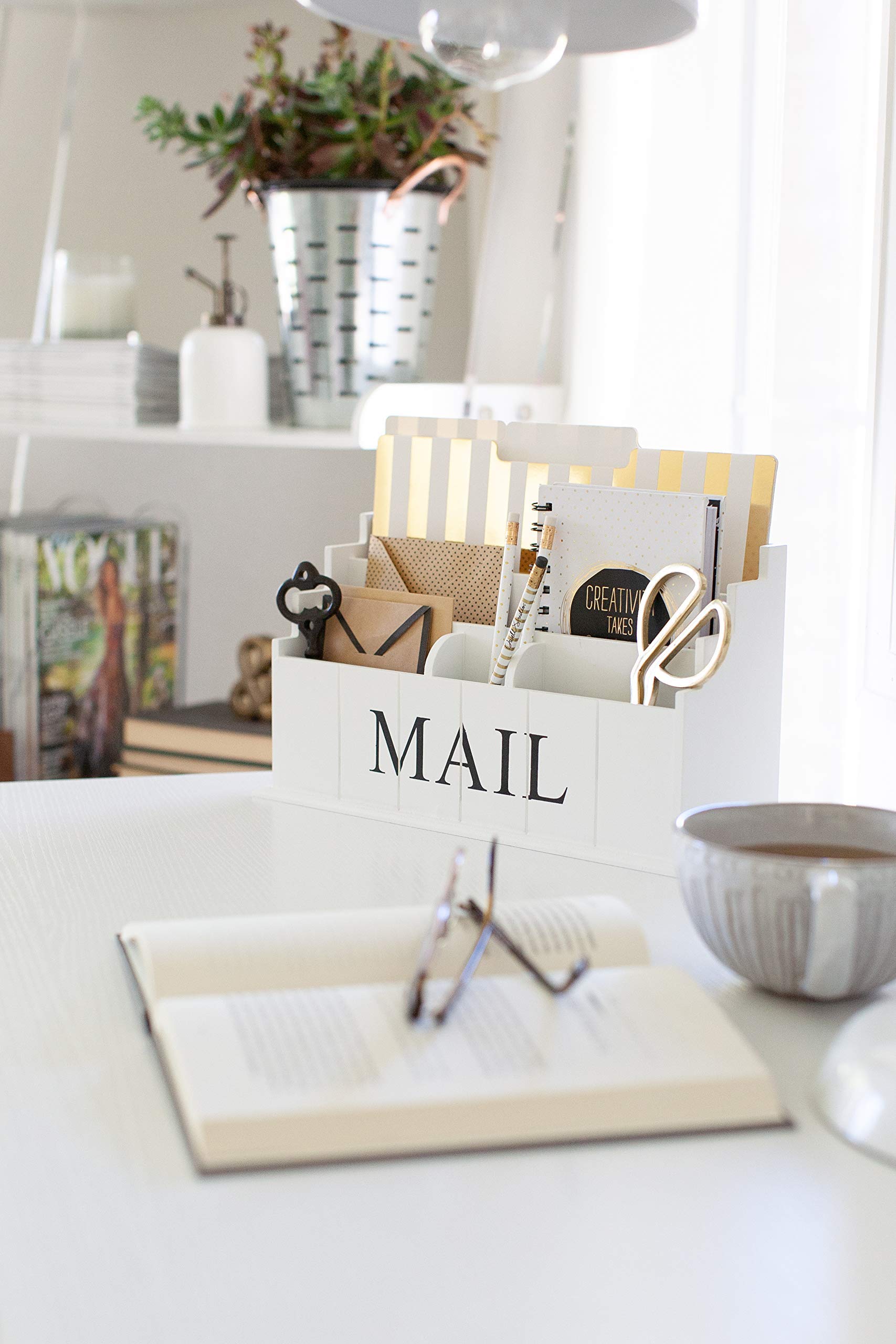 BLU MONACO 3-Tier White Wooden Mail Organizer - Rustic Country Style Desk Organizer for Kitchen Countertop, Office & Home Use - Perfect for Bills, Letters & Magazine Storage