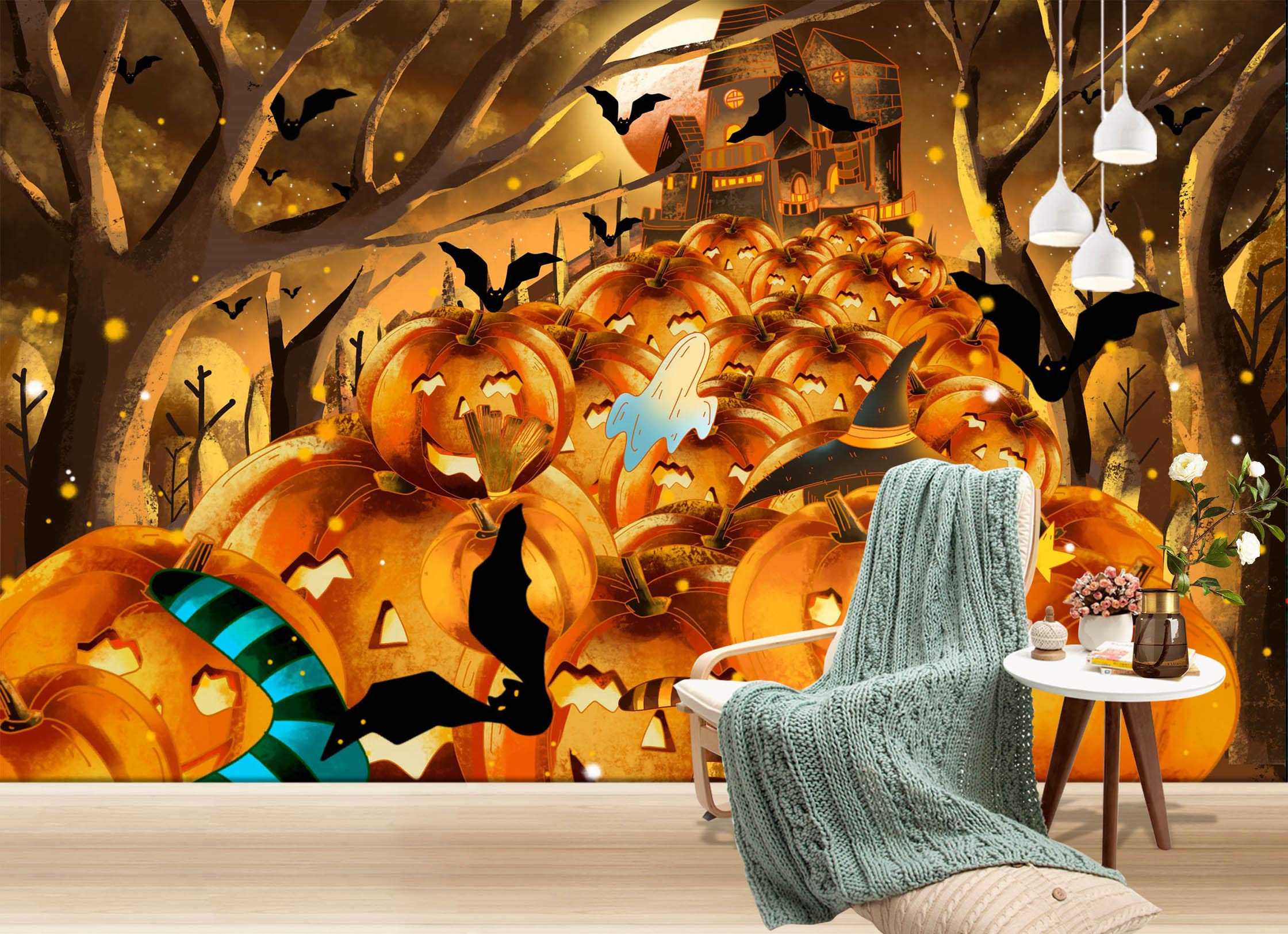 3D Many Pumpkins Halloween Wall Decal - Self-Adhesive Removable Vinyl Wallpaper Mural (82”x58”/208x146cm) for Indoor Home Decor - Perfect for Halloween Party, Living Room, Bedroom & Office Wall Decoration