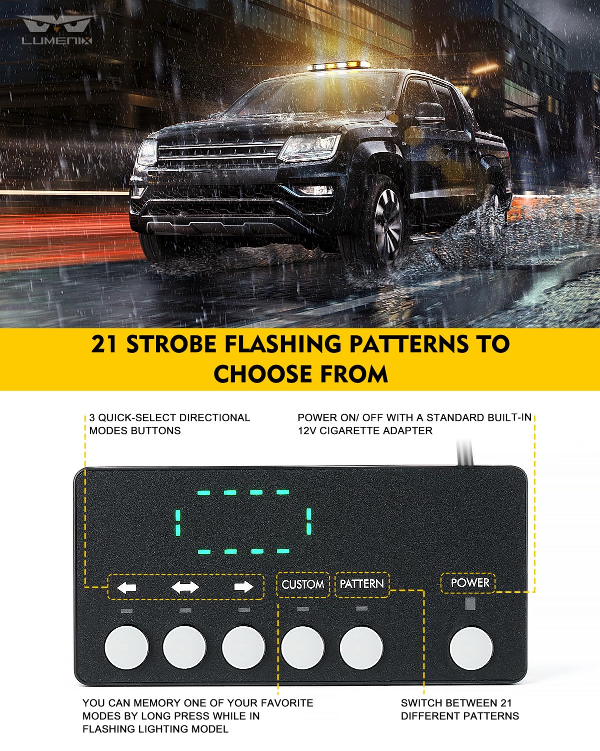 LUMENIX White & Amber LED Emergency Strobe Light Bar with Magnetic Base - Heavy Duty Warning Flashing Beacon for Trucks, Construction Vehicles, Snow Plows, Postal Carriers | Rooftop Traffic Safety & Security Lighting for Work Zones, Roadside Emergencies