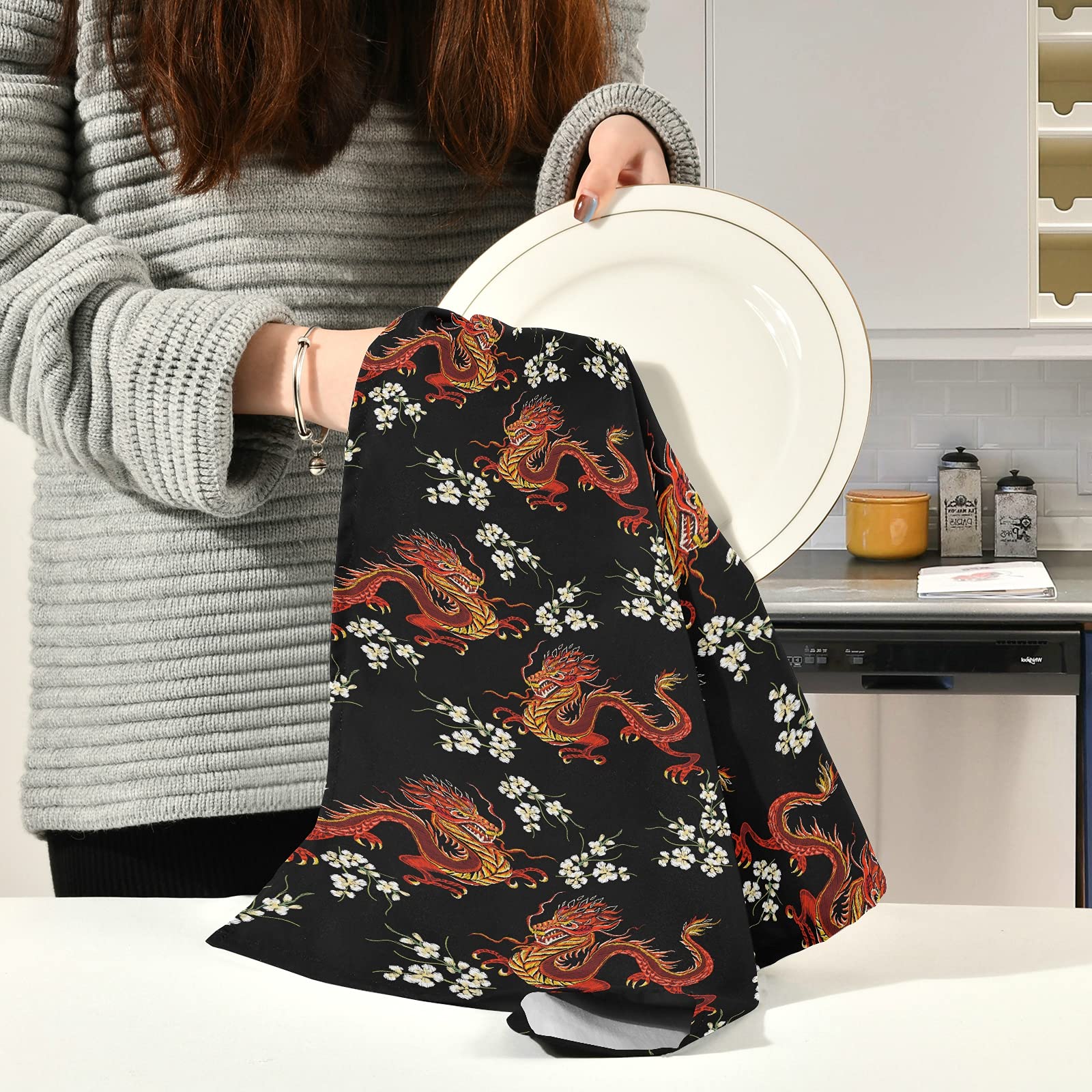 ALAZA Japanese Dragon Floral Kitchen Towels Set of 4 - Super Absorbent Soft Dish Cloths (18x28 Inches) for Dish Drying, Bar Cleaning & Tea Towel Use