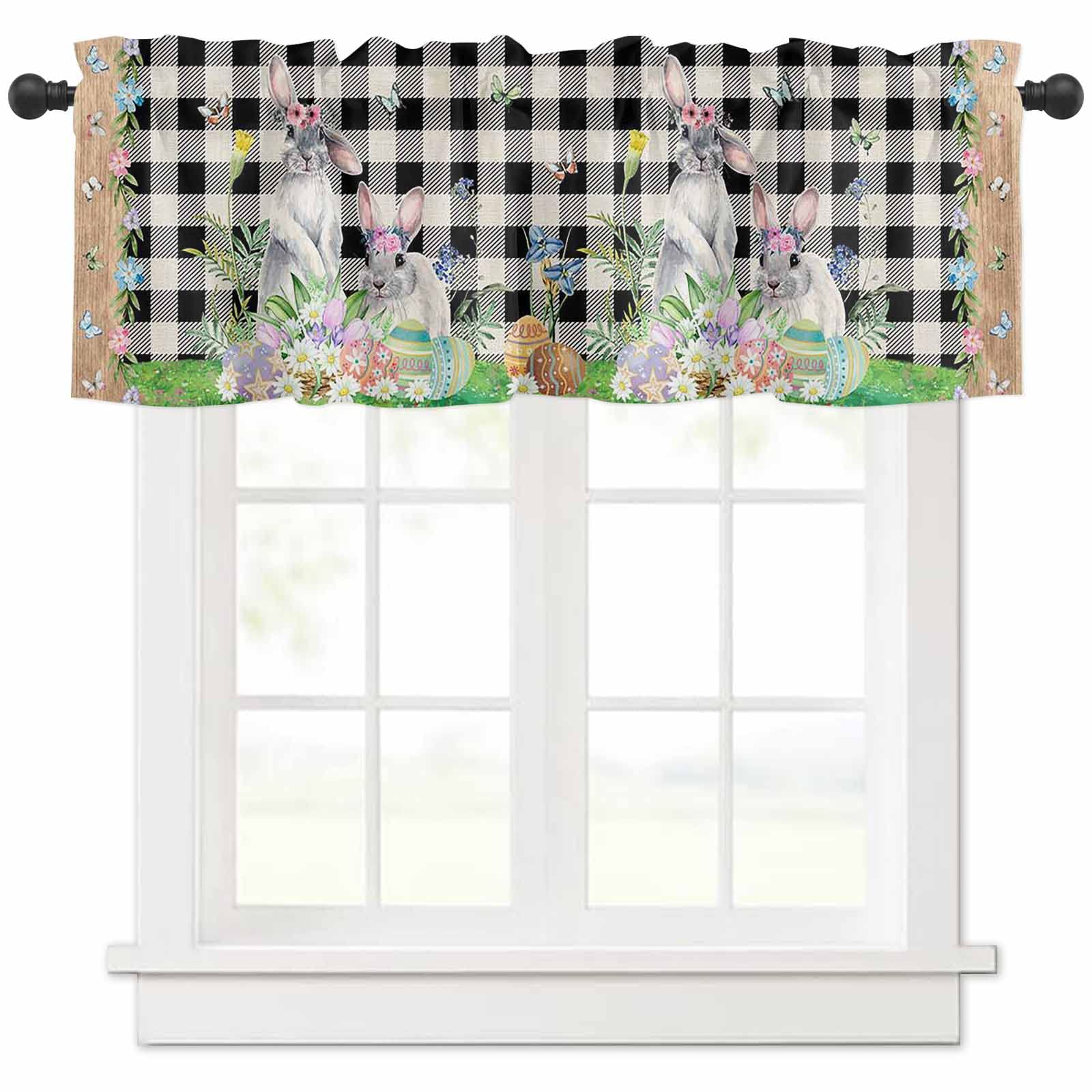 Easter Kitchen Window Valances - 54x18 Inch Bunny Eggs Spring Floral Plaid Curtain Toppers with Rod Pocket for Seasonal Home Decor | Perfect for Easter, Spring Home Staging & Farmhouse Kitchen Windows