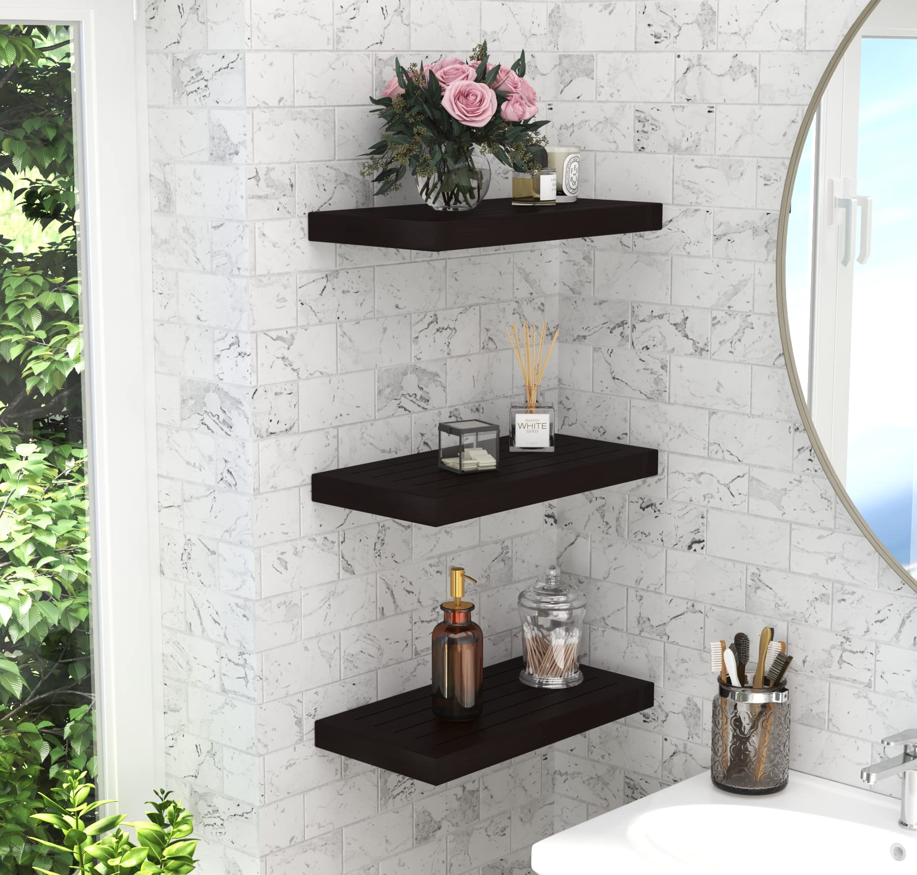 AquaTeak 18 Inch Floating Wall Shelf - Waterproof Teak Wood Bathroom Shelf - Perfect for Shower, Spa, and Poolside Storage