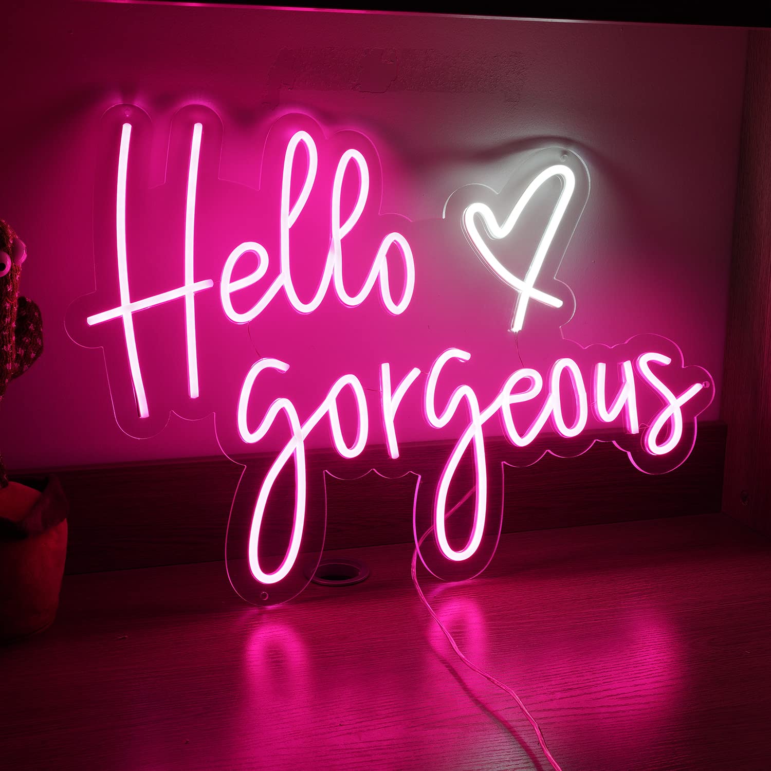 Hello Gorgeous Dimmable Neon Sign - Custom LED Wall Decor for Bedroom, Wedding & Birthday Party - White Heart Shape - Perfect for Home Decor, Events & Instagrammable Backgrounds