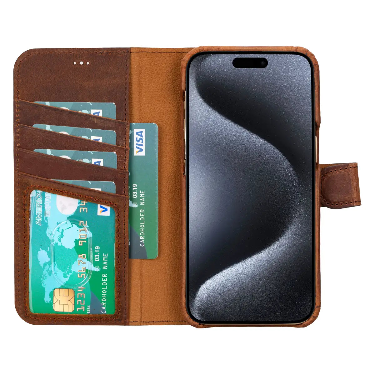 Distressed Brown Leather Luxury Wallet Case for iPhone 15 Pro Max - Premium RFID Protection & Card Slots - Perfect for Business, Travel & Everyday Use