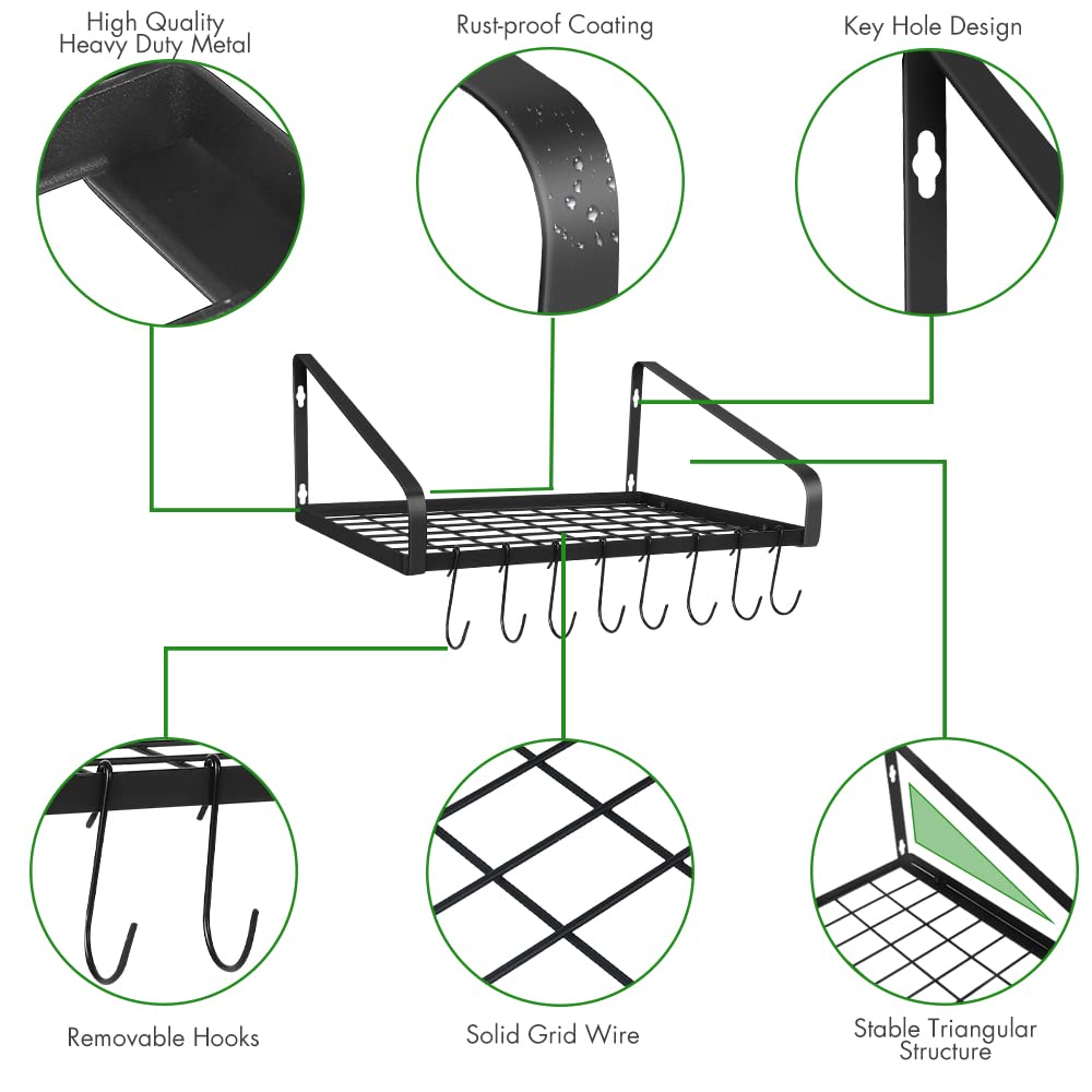 Wall Mounted Hanging Pots and Pans Organizer Rack with 8 Hooks - Space Saving Kitchen Storage for Cookware, Utensils, Books & Household Items - Perfect for Small Kitchens, Apartments & RV Living