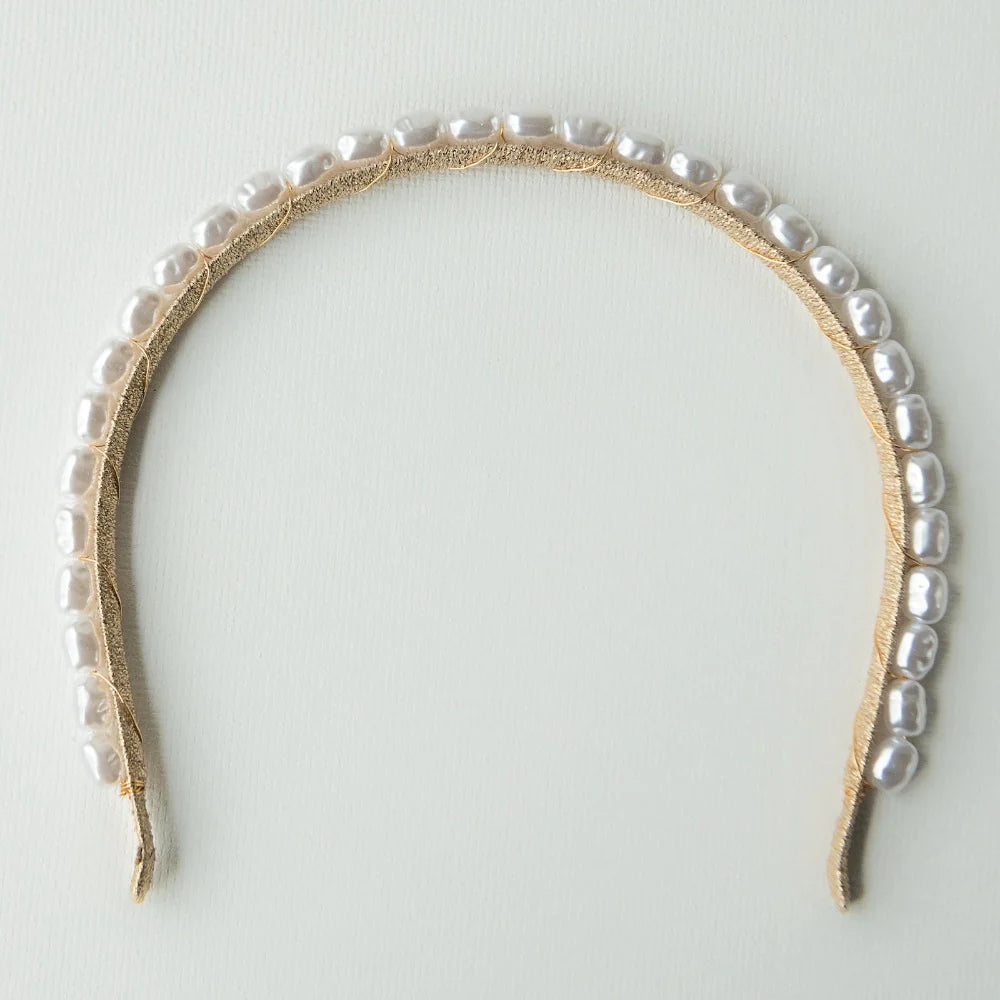 A'el Este Mia Natural Pearl Bridal Headband Gold - Elegant Wedding Hair Accessory for Brides, Bridesmaids & Special Occasions
