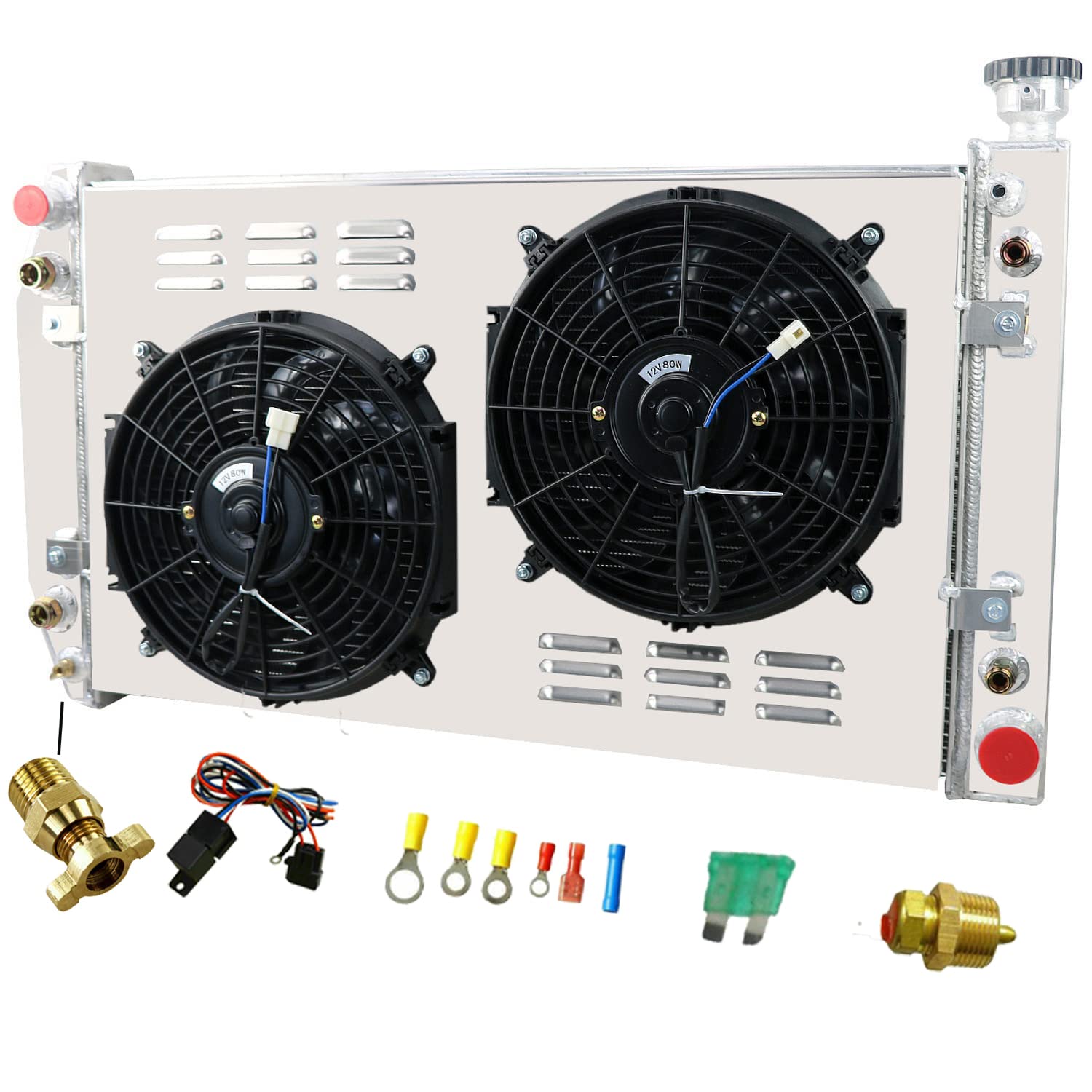 4 Row Aluminum Radiator Shroud with Fan Relay for 1988-1999 Chevy GMC C1500 C2500 C3500 K1500 K2500 K3500 Pickup Trucks - 28