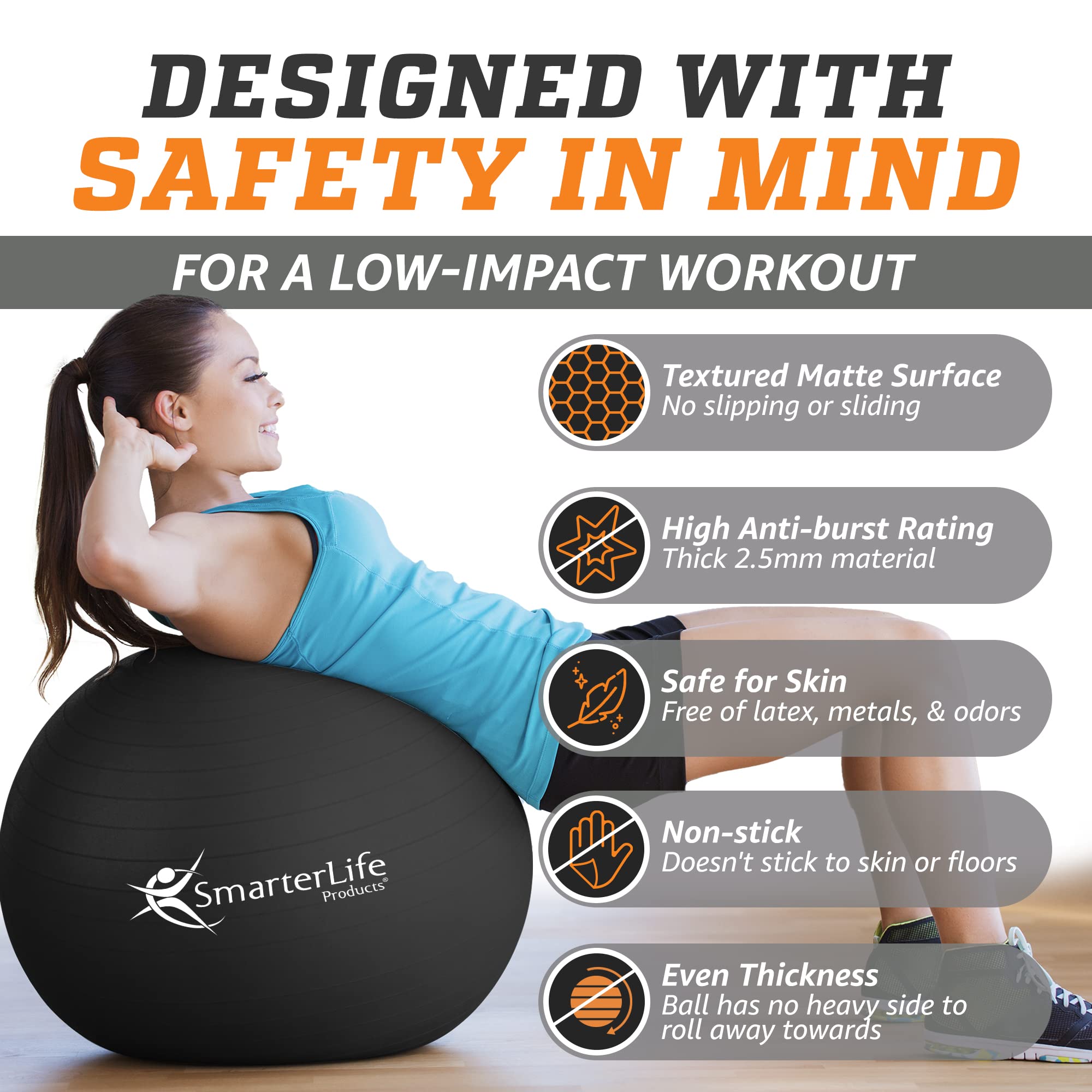 SmarterLife Exercise Ball - Anti-Burst Yoga Ball for Fitness, Core Workouts, Physical Therapy & Pregnancy Support | Balance & Stability Training | Office Yoga Ball Chair | Perfect for Home Gym, Yoga Studio & Physical Therapy Sessions