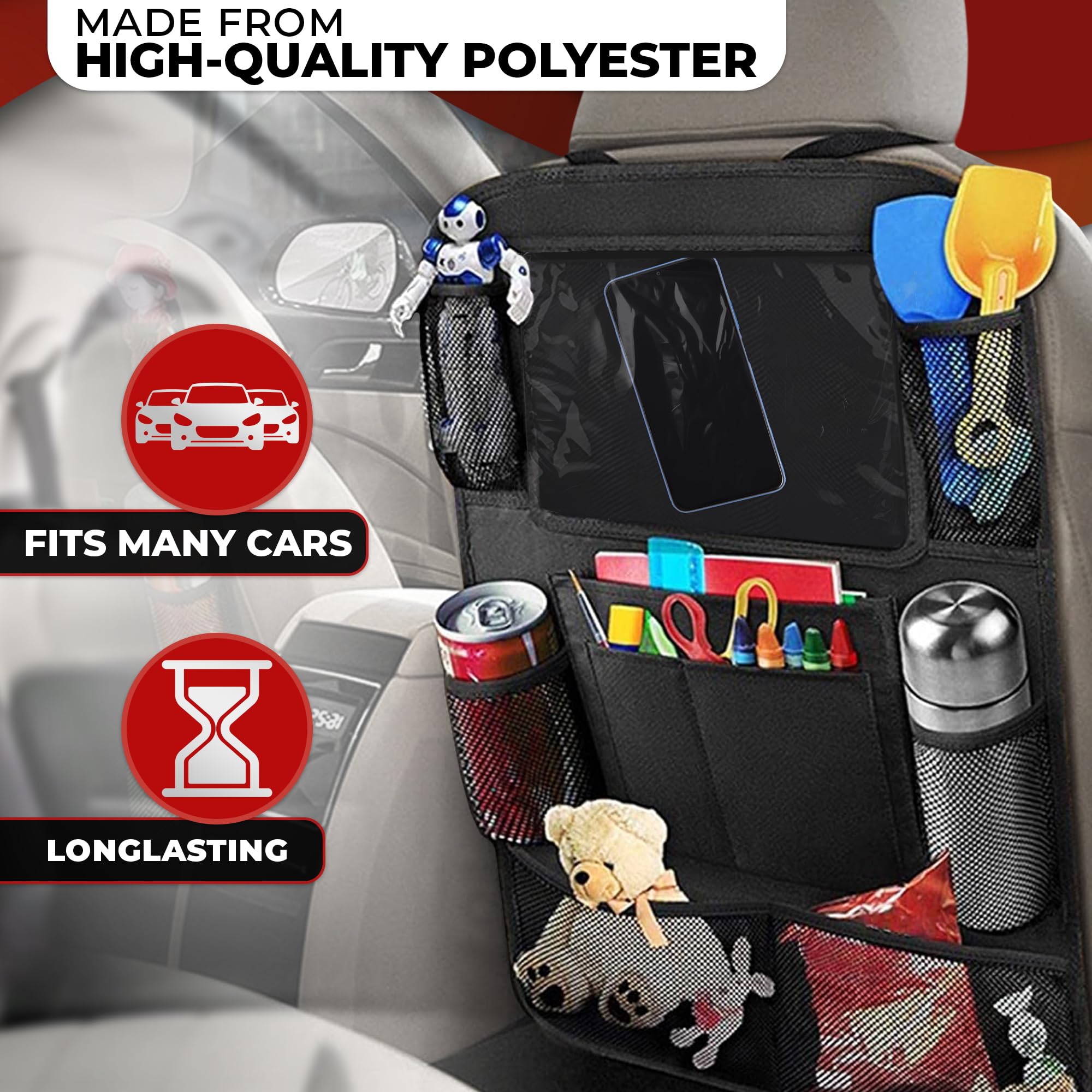 2Pcs Backseat Car Organizer - Waterproof Car Seat Organizer with Multiple Pockets, Kick Protector & Storage for Kids Toys, Snacks, Books - Perfect for Road Trips, Family Travel & Daily Commute
