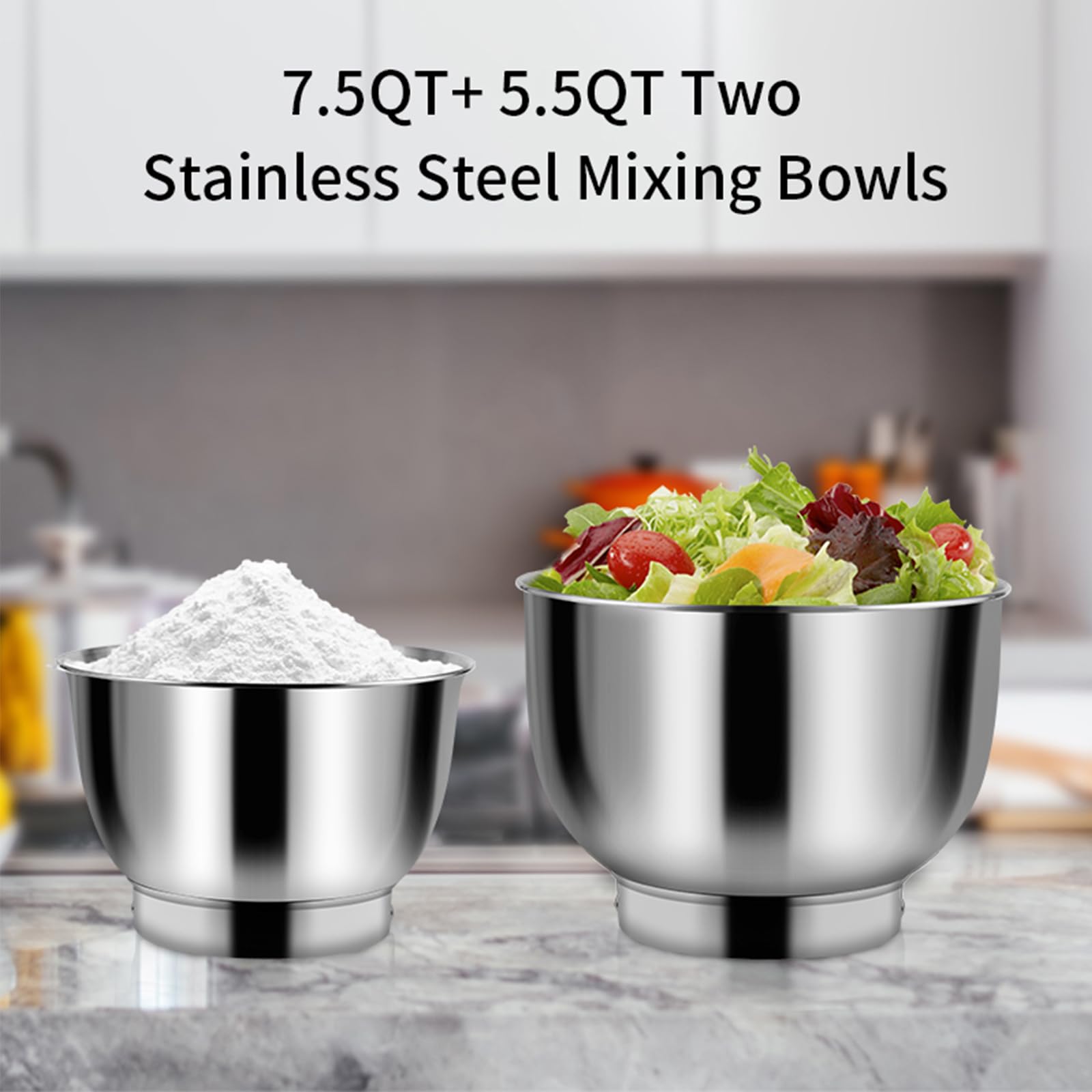 Aifeel 7.5QT+5.5QT Tilt-Head Stand Mixer with Stainless Steel Bowls - Includes Dough Hook, Egg Whisk & Flat Beater - Perfect for Baking, Cooking & Mixing - Silver Kitchen Electric Mixer for Home Bakers & Chefs