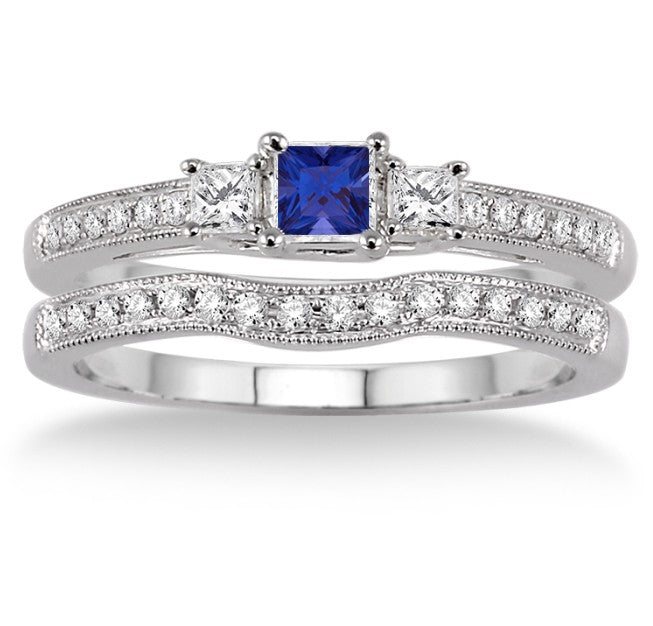 1.5 Carat Natural Sapphire & Moissanite Three Stone Engagement Ring Set in 10K White Gold - Perfect for Bridal, Wedding, and Anniversary Gifts