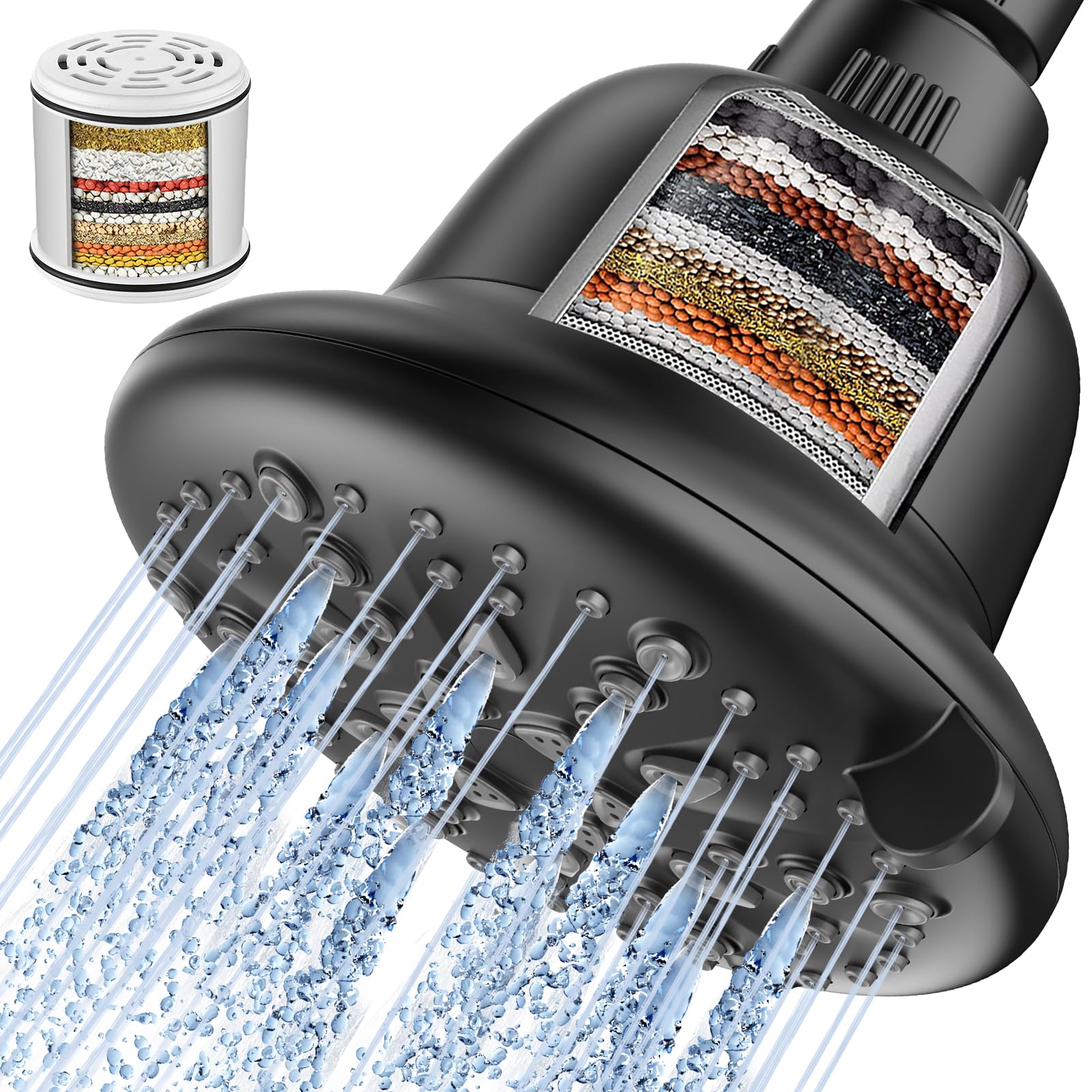 7 Modes High Pressure Filtered Shower Head with 16-Stage Hard Water Filter - Removes Chlorine & Harmful Substances - Midnight Black Matte 5
