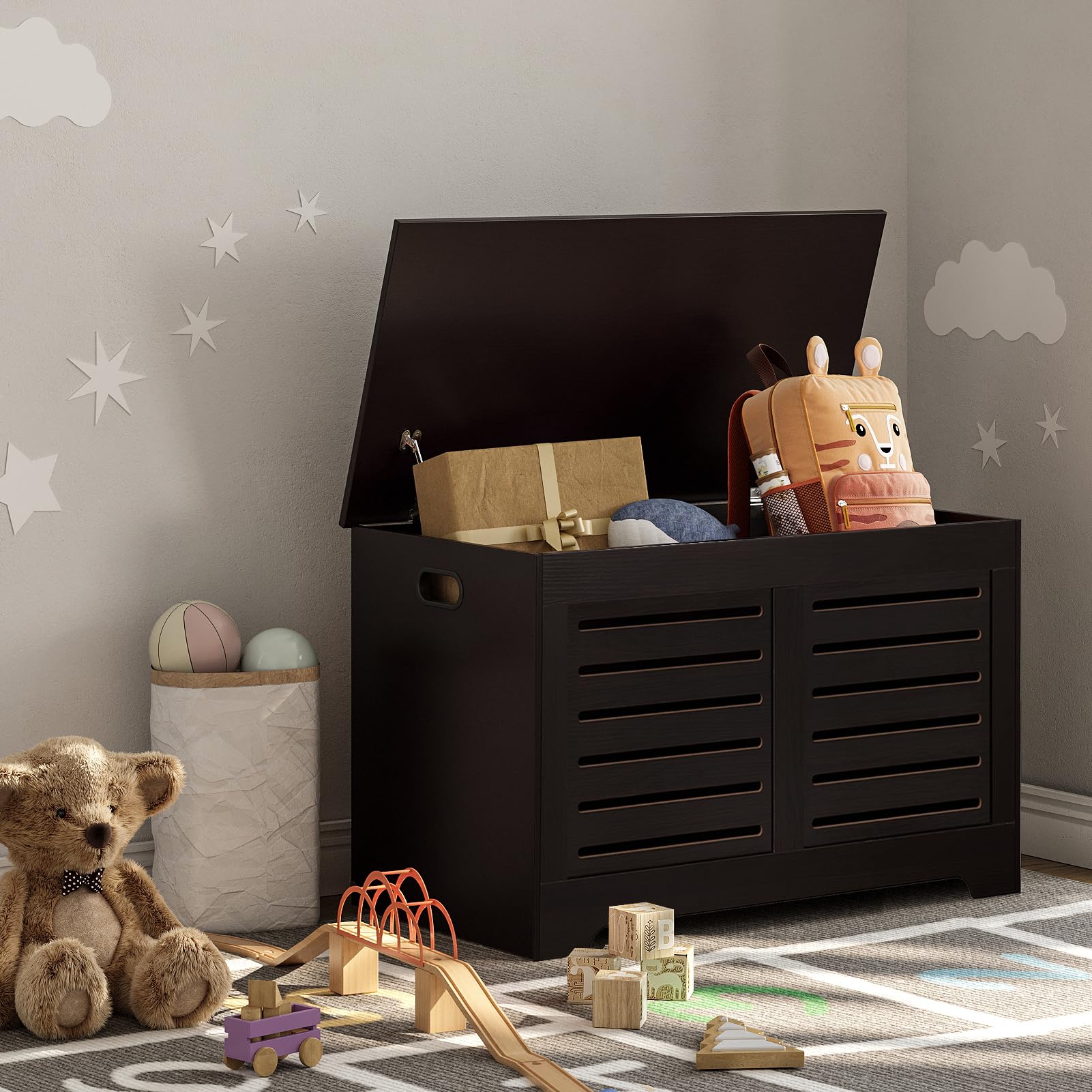 DINZI LVJ Flip-Top Wooden Storage Chest - Retro Entryway Shoe Bench with 2 Safety Hinges | Large Sturdy Toy Box & Storage Trunk for Living Room, Bedroom, Nursery | Easy Assembly Espresso Finish | Perfect for Kids' Room Organization & Entryway Seating