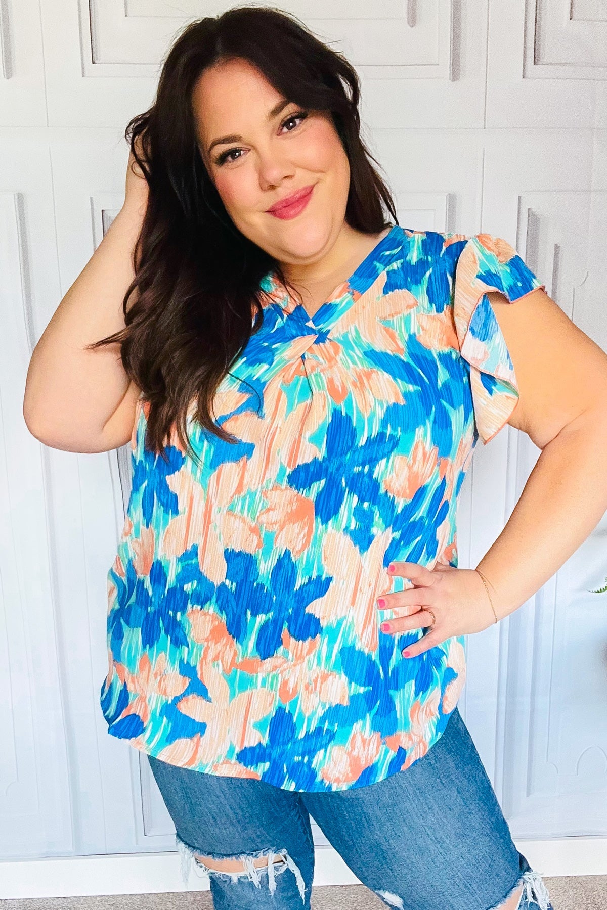 Haptics Tropical Breeze Turquoise Floral Banded V-Neck Flutter Sleeve Blouse for Women - Summer Beach Vacation & Boho Chic Outfit